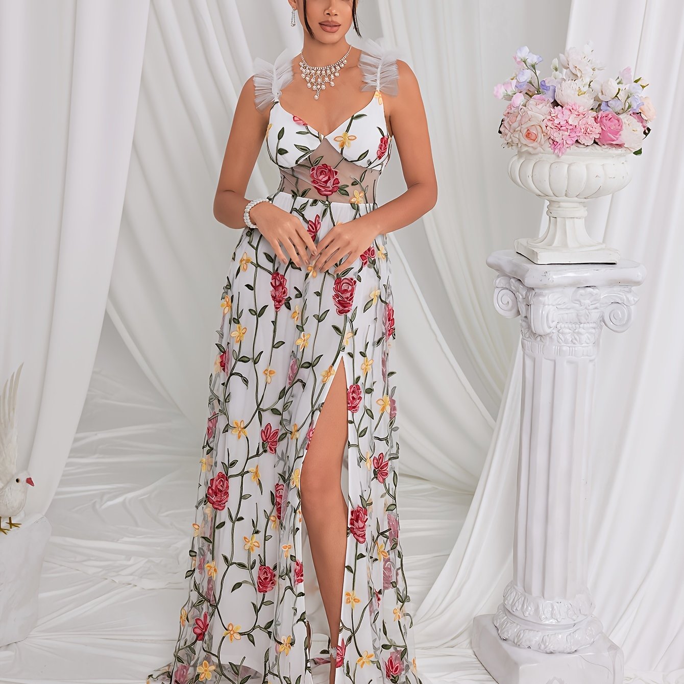 VougeVamp Women's Floral Embroidered Spaghetti Strap Dress – Elegant A-Line Swing Gown with Mesh Detail