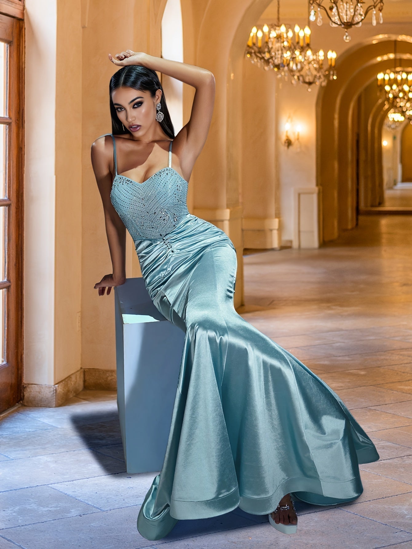 VougeVamp Women's Mermaid Spaghetti Strap Gown – Elegant Floor-Length Dress with Water Diamond Accents