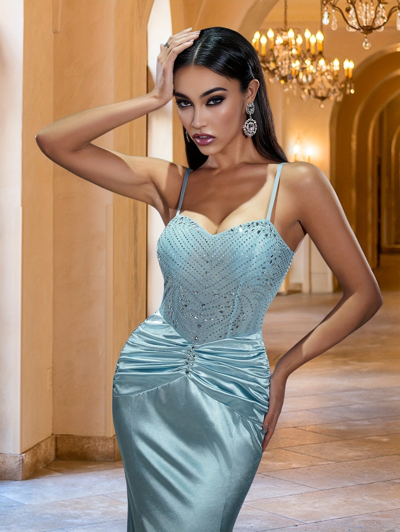 VougeVamp Women's Mermaid Spaghetti Strap Gown – Elegant Floor-Length Dress with Water Diamond Accents