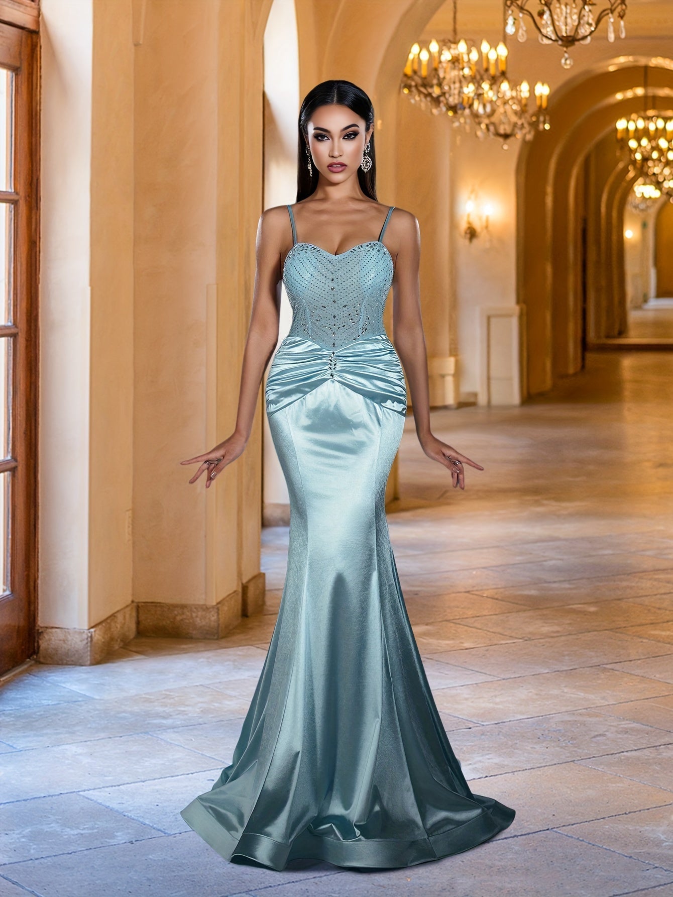 VougeVamp Women's Mermaid Spaghetti Strap Gown – Elegant Floor-Length Dress with Water Diamond Accents