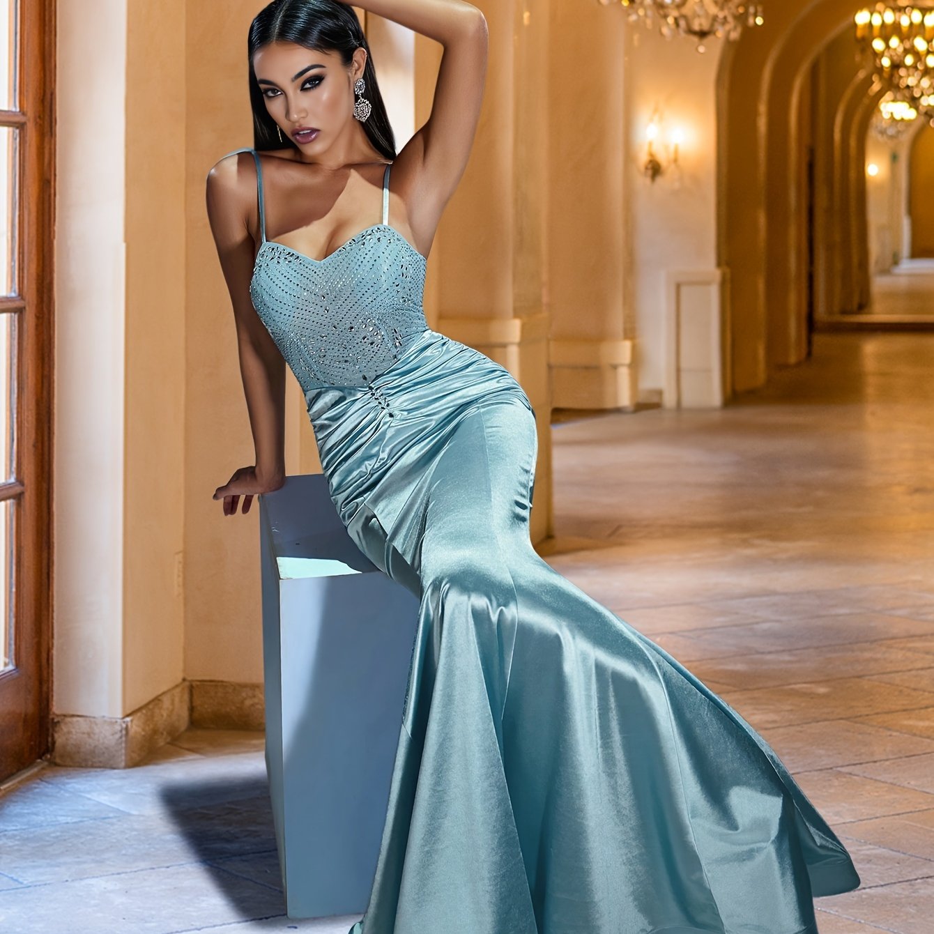 VougeVamp Women's Mermaid Spaghetti Strap Gown – Elegant Floor-Length Dress with Water Diamond Accents