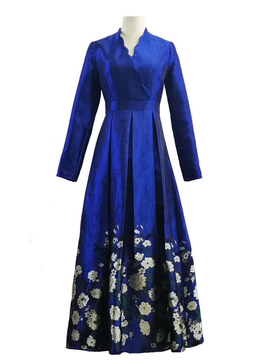 VougeVamp High-Quality Elegant Brocade Jacquard Maxi Dress – Blue Floral Long Sleeve Gown for Autumn & Winter Parties