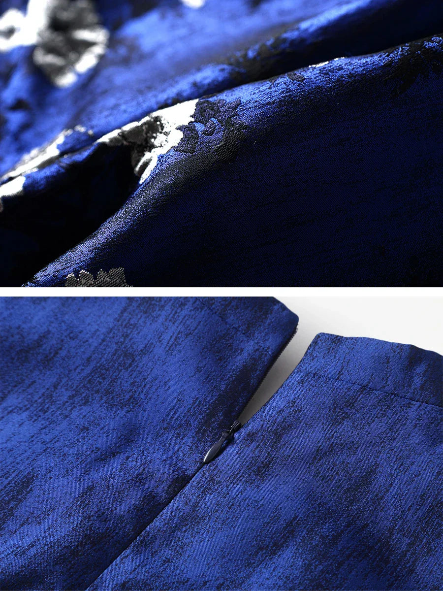 VougeVamp High-Quality Elegant Brocade Jacquard Maxi Dress – Blue Floral Long Sleeve Gown for Autumn & Winter Parties