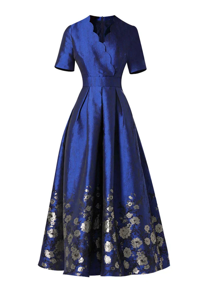 VougeVamp High-Quality Elegant Brocade Jacquard Maxi Dress – Blue Floral Long Sleeve Gown for Autumn & Winter Parties
