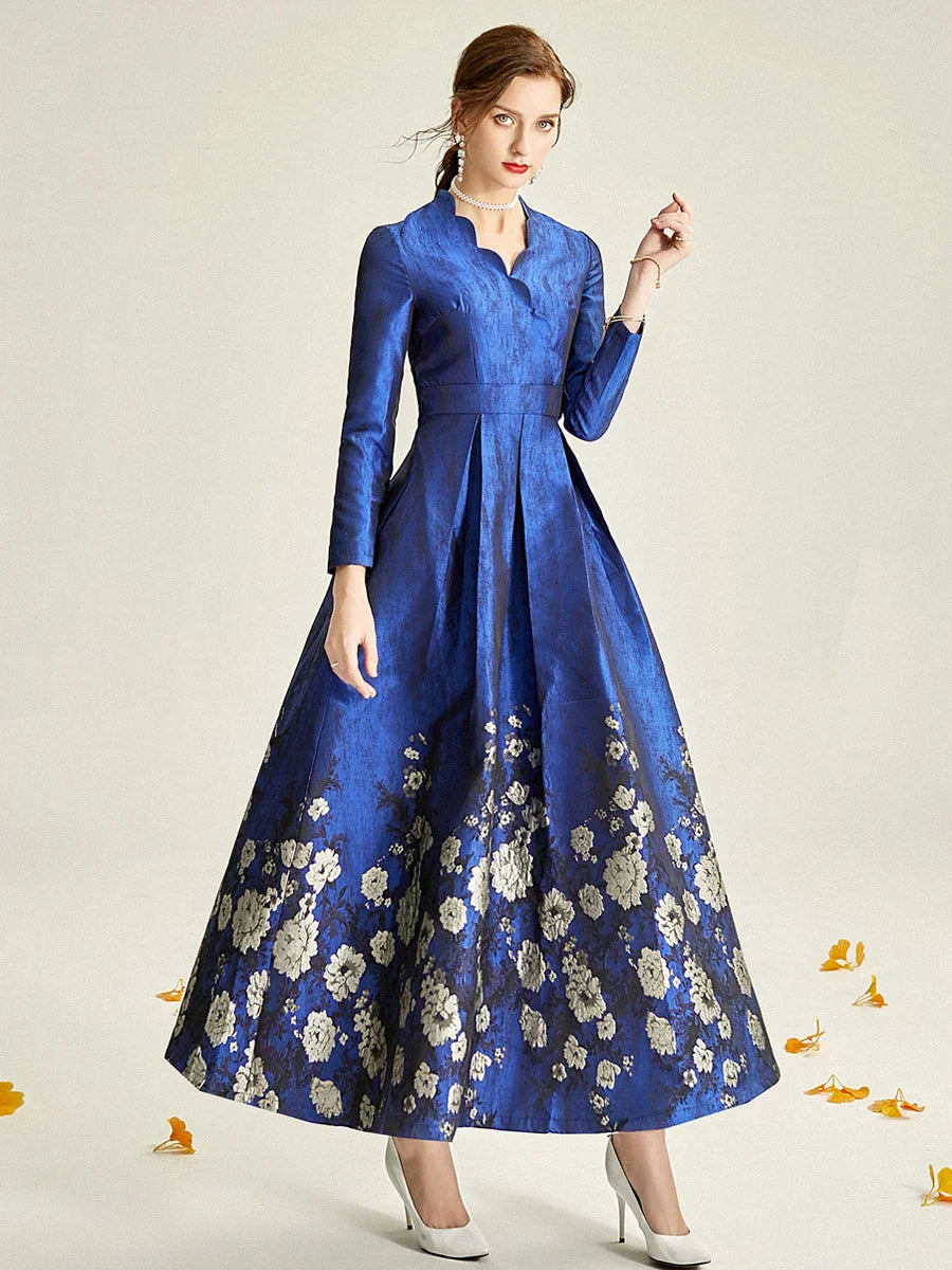 VougeVamp High-Quality Elegant Brocade Jacquard Maxi Dress – Blue Floral Long Sleeve Gown for Autumn & Winter Parties