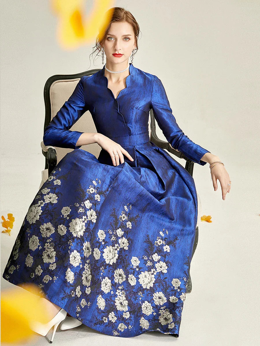 VougeVamp High-Quality Elegant Brocade Jacquard Maxi Dress – Blue Floral Long Sleeve Gown for Autumn & Winter Parties