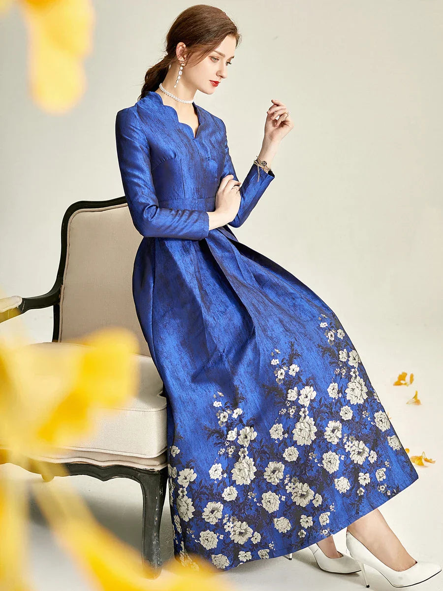 VougeVamp High-Quality Elegant Brocade Jacquard Maxi Dress – Blue Floral Long Sleeve Gown for Autumn & Winter Parties