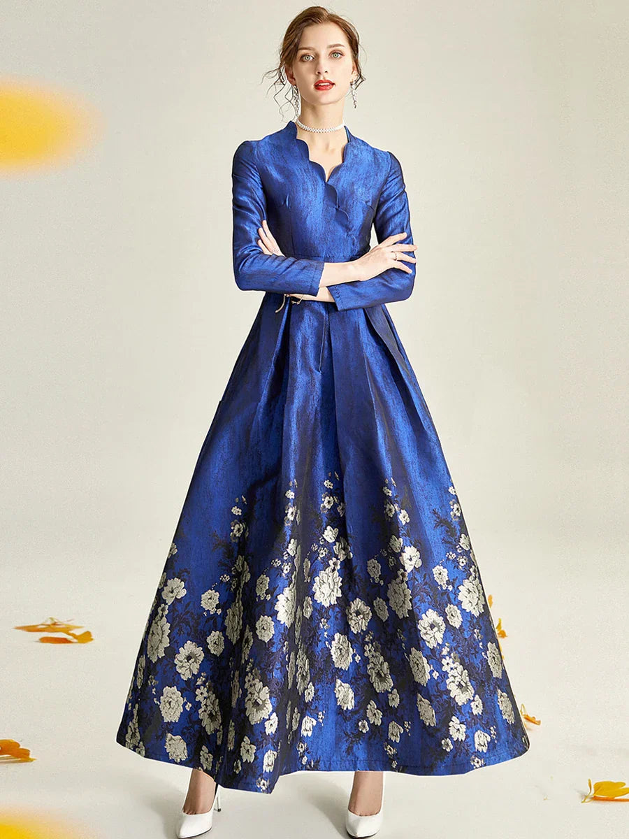 VougeVamp High-Quality Elegant Brocade Jacquard Maxi Dress – Blue Floral Long Sleeve Gown for Autumn & Winter Parties
