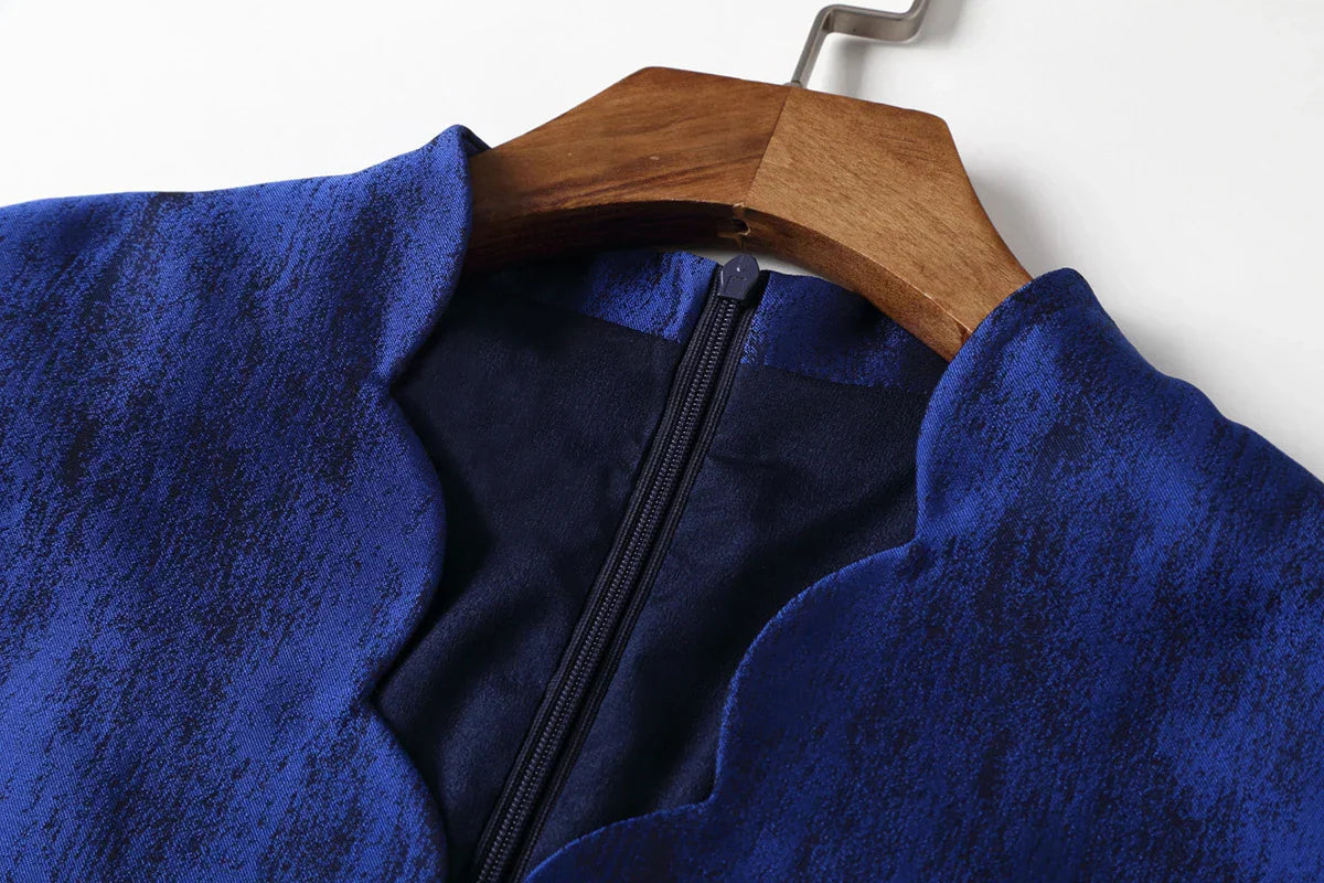 VougeVamp High-Quality Elegant Brocade Jacquard Maxi Dress – Blue Floral Long Sleeve Gown for Autumn & Winter Parties