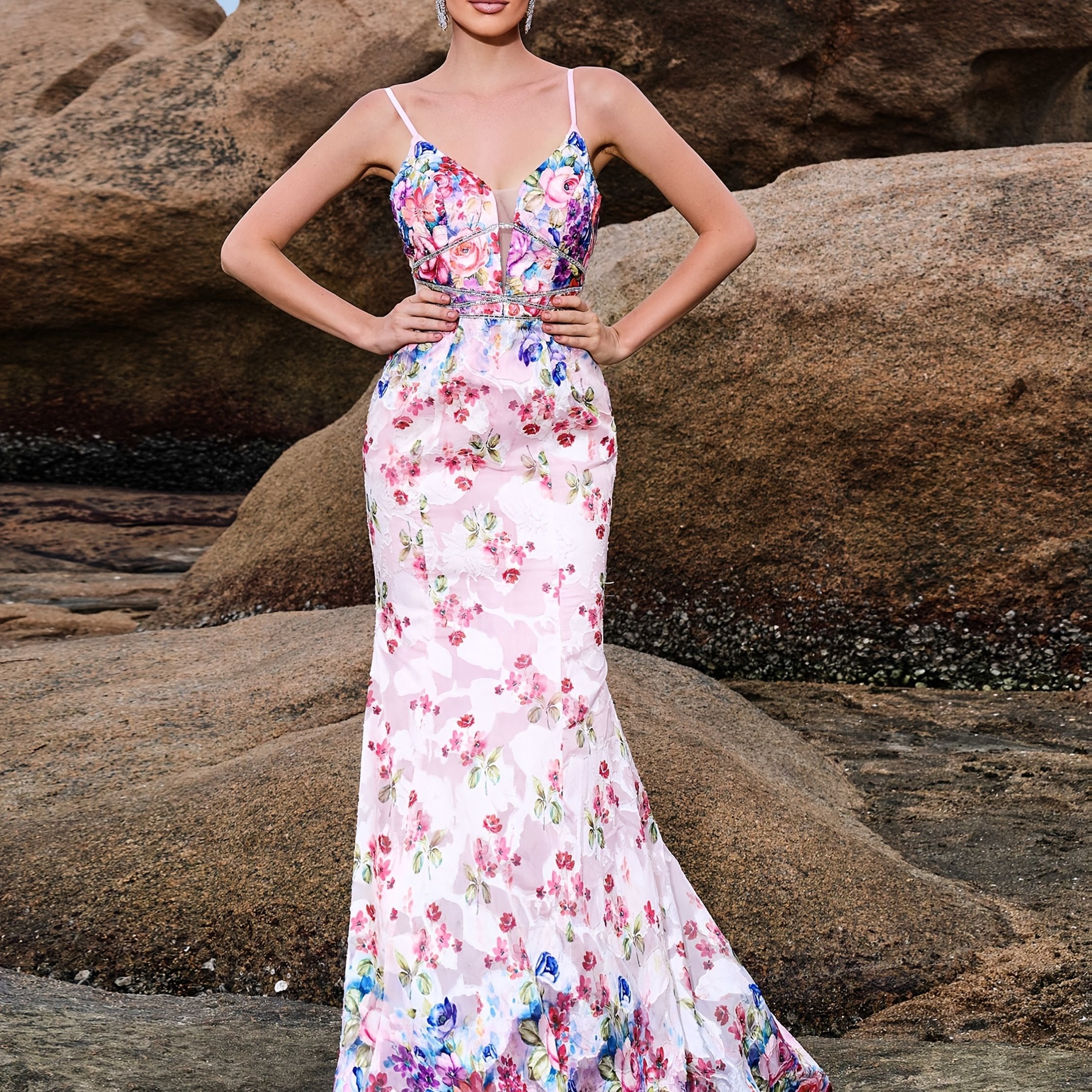 Backless Print Bodycon Maxi Dress – Sleeveless, Thin Straps, Stretchy Knit Fabric - VougeVampUK