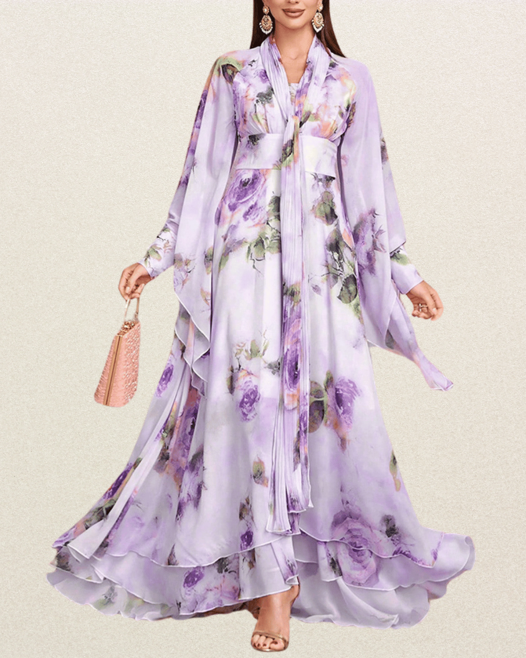 Designer Women's Elegant Floral Print High Waist Bell Sleeve Formal Maxi Dress – Perfect for Vacation, Party, Prom, and Weddings - VougeVampUK