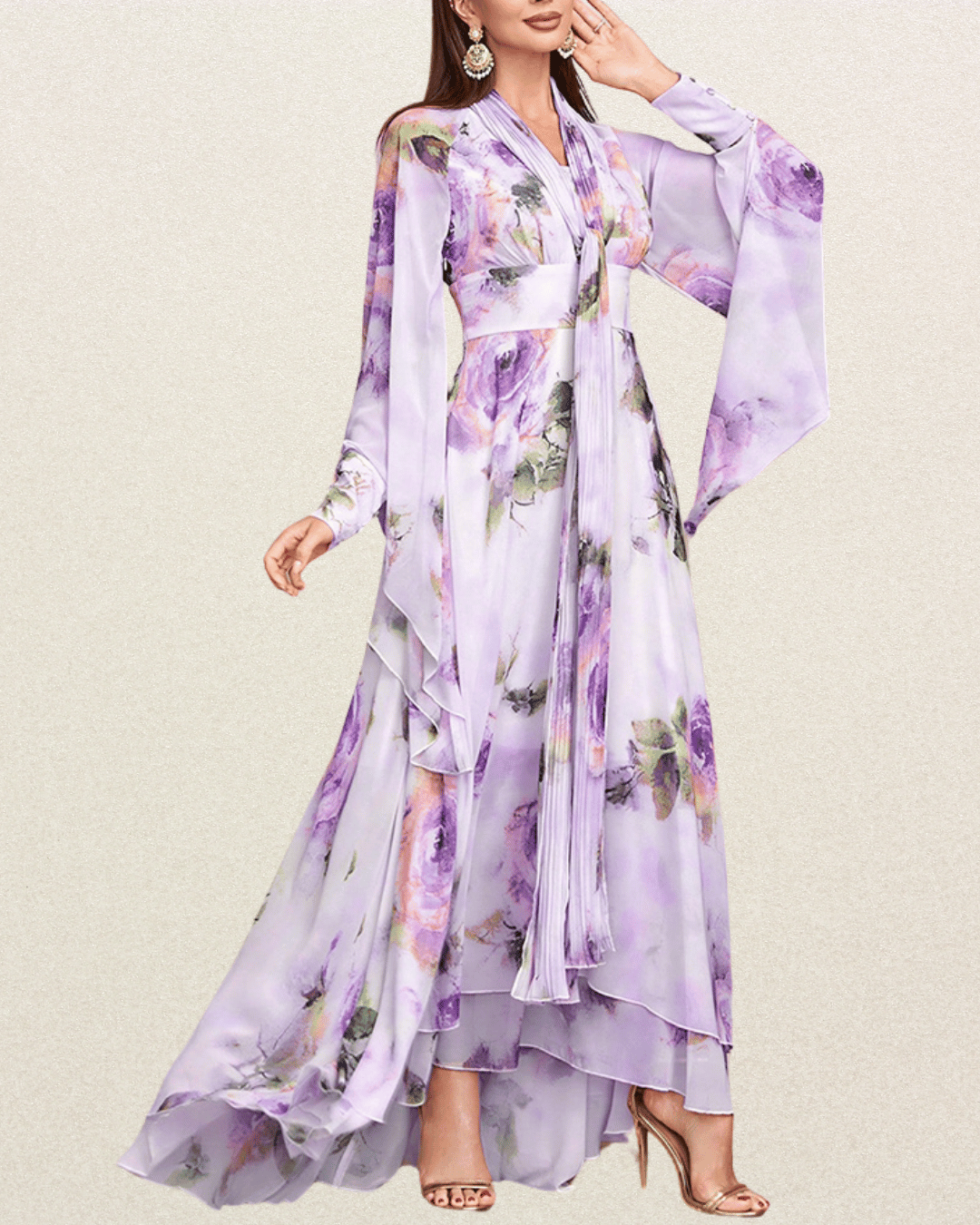 Designer Women's Elegant Floral Print High Waist Bell Sleeve Formal Maxi Dress – Perfect for Vacation, Party, Prom, and Weddings - VougeVampUK