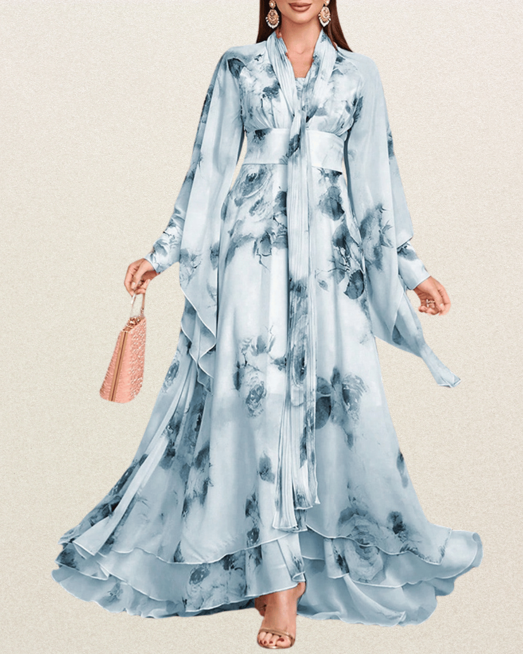 Designer Women's Elegant Floral Print High Waist Bell Sleeve Formal Maxi Dress – Perfect for Vacation, Party, Prom, and Weddings - VougeVampUK