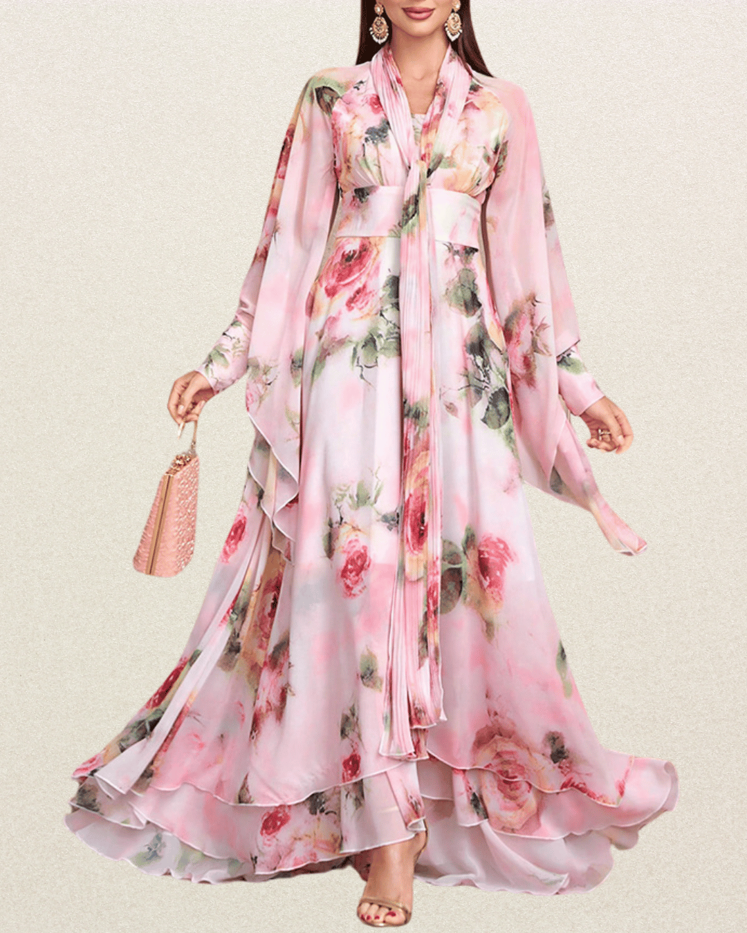 Designer Women's Elegant Floral Print High Waist Bell Sleeve Formal Maxi Dress – Perfect for Vacation, Party, Prom, and Weddings - VougeVampUK