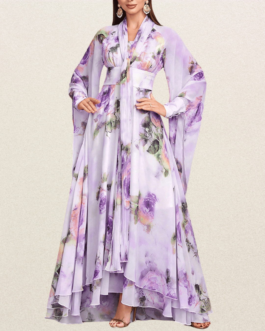 Designer Women's Elegant Floral Print High Waist Bell Sleeve Formal Maxi Dress – Perfect for Vacation, Party, Prom, and Weddings - VougeVampUK