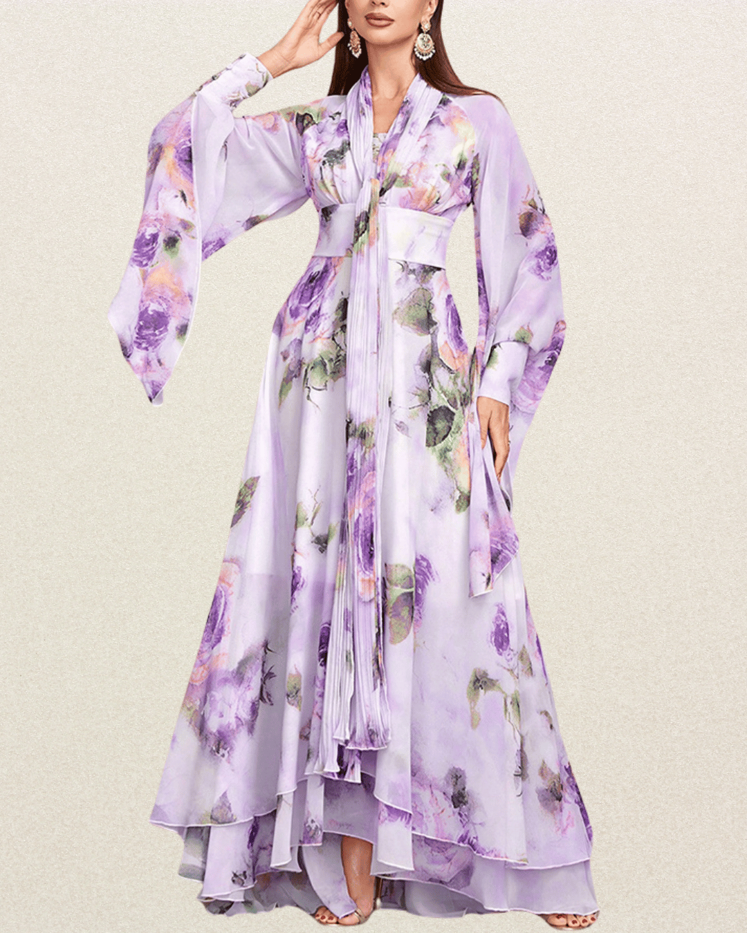 Designer Women's Elegant Floral Print High Waist Bell Sleeve Formal Maxi Dress – Perfect for Vacation, Party, Prom, and Weddings - VougeVampUK