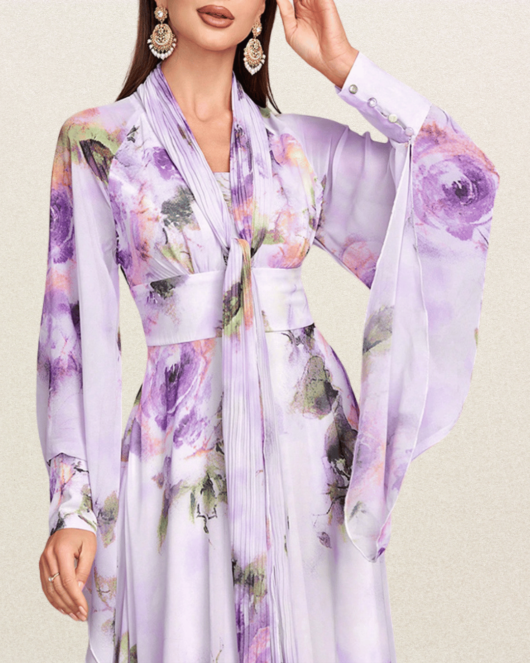 Designer Women's Elegant Floral Print High Waist Bell Sleeve Formal Maxi Dress – Perfect for Vacation, Party, Prom, and Weddings - VougeVampUK