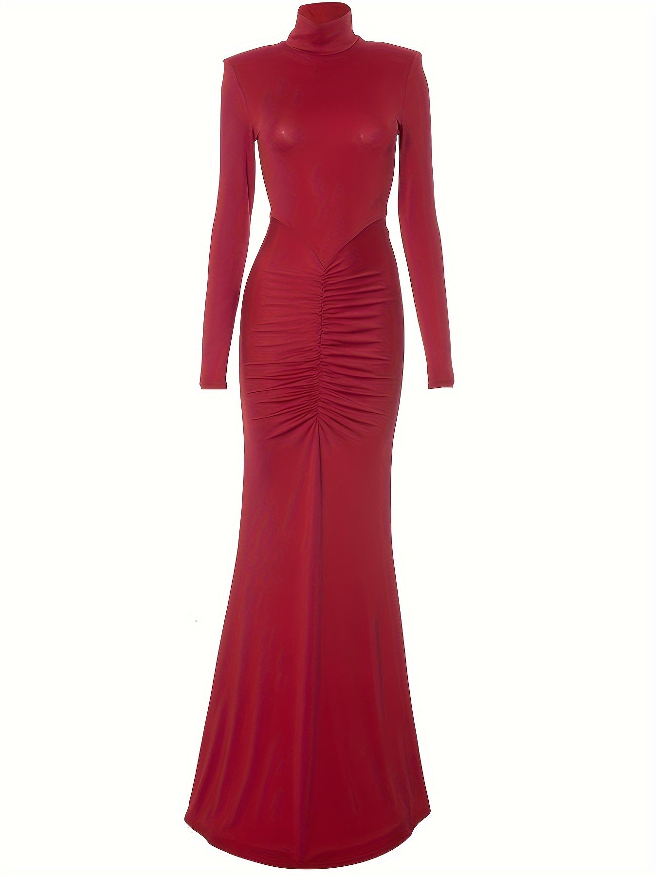 VougeVamp Women's High Collar Long Sleeve Mermaid Skirt – Elegant Pleated Floor-Length Gown - VougeVampUK