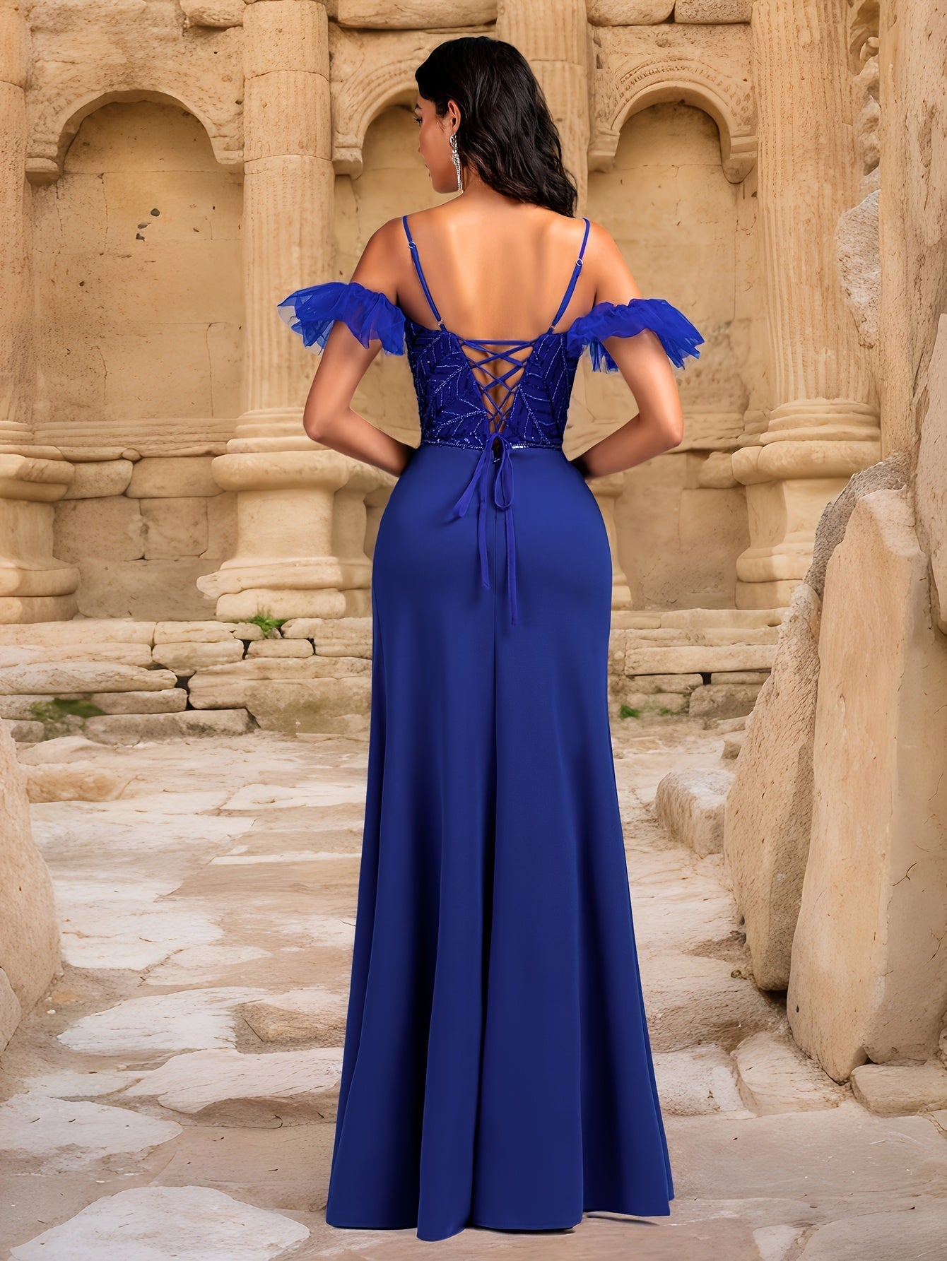 Handcrafted Royal Blue Sequined Evening Gown with Ruffled Lace Sleeves and High Slit