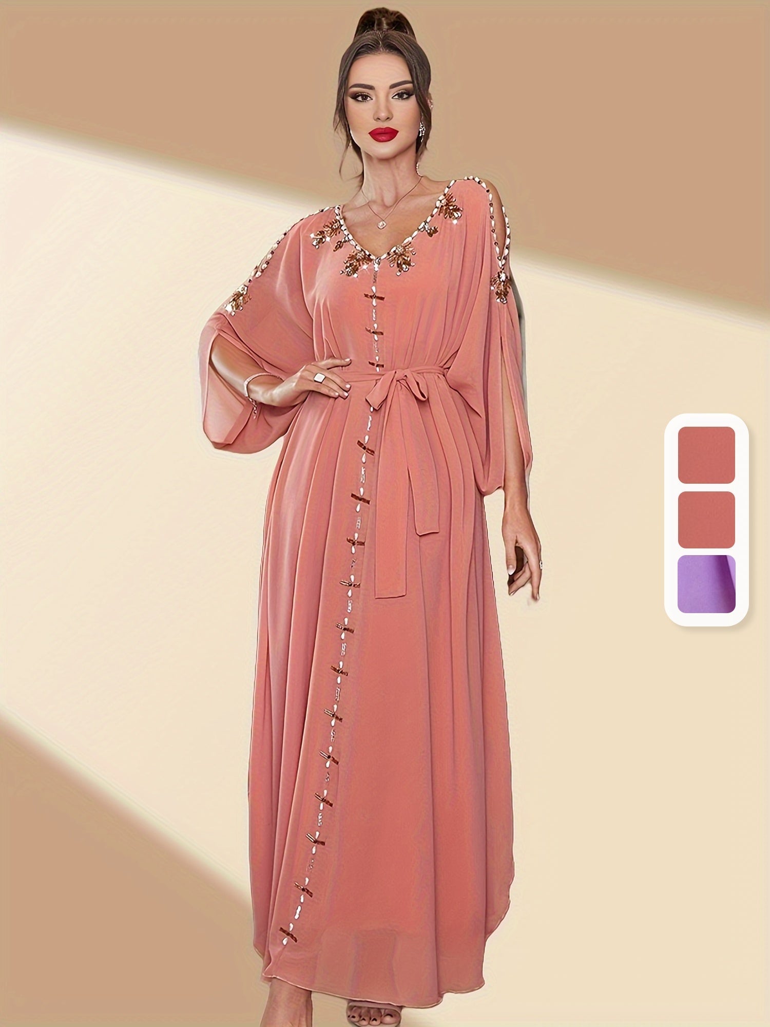 VougeVamp Elegant Off-Shoulder Maxi Dress with Handcrafted Pearl Embellishments and Flounce Sleeves