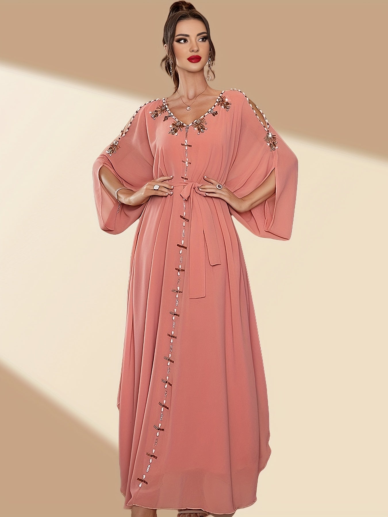 VougeVamp Elegant Off-Shoulder Maxi Dress with Handcrafted Pearl Embellishments and Flounce Sleeves