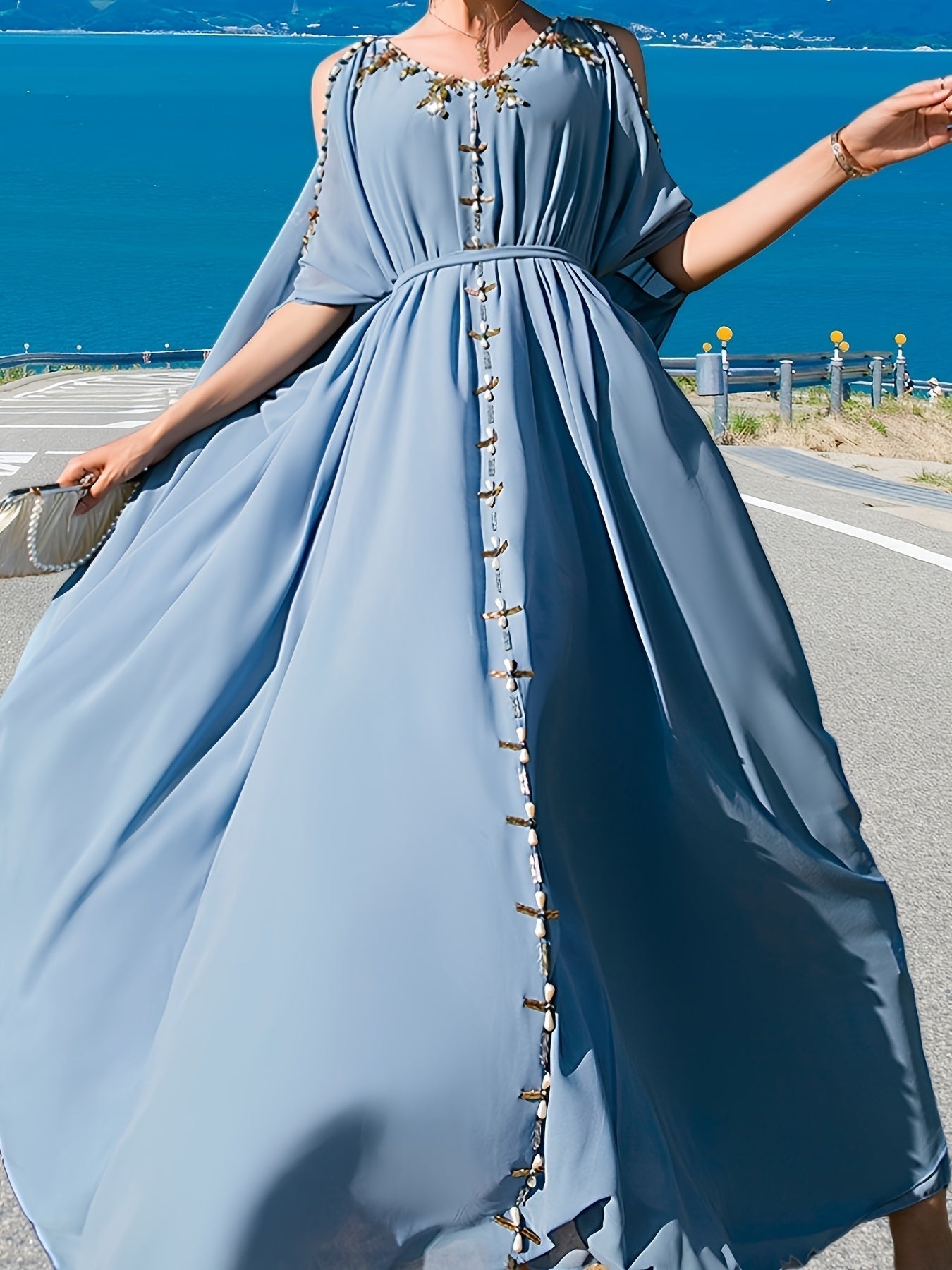 VougeVamp Elegant Off-Shoulder Maxi Dress with Handcrafted Pearl Embellishments and Flounce Sleeves