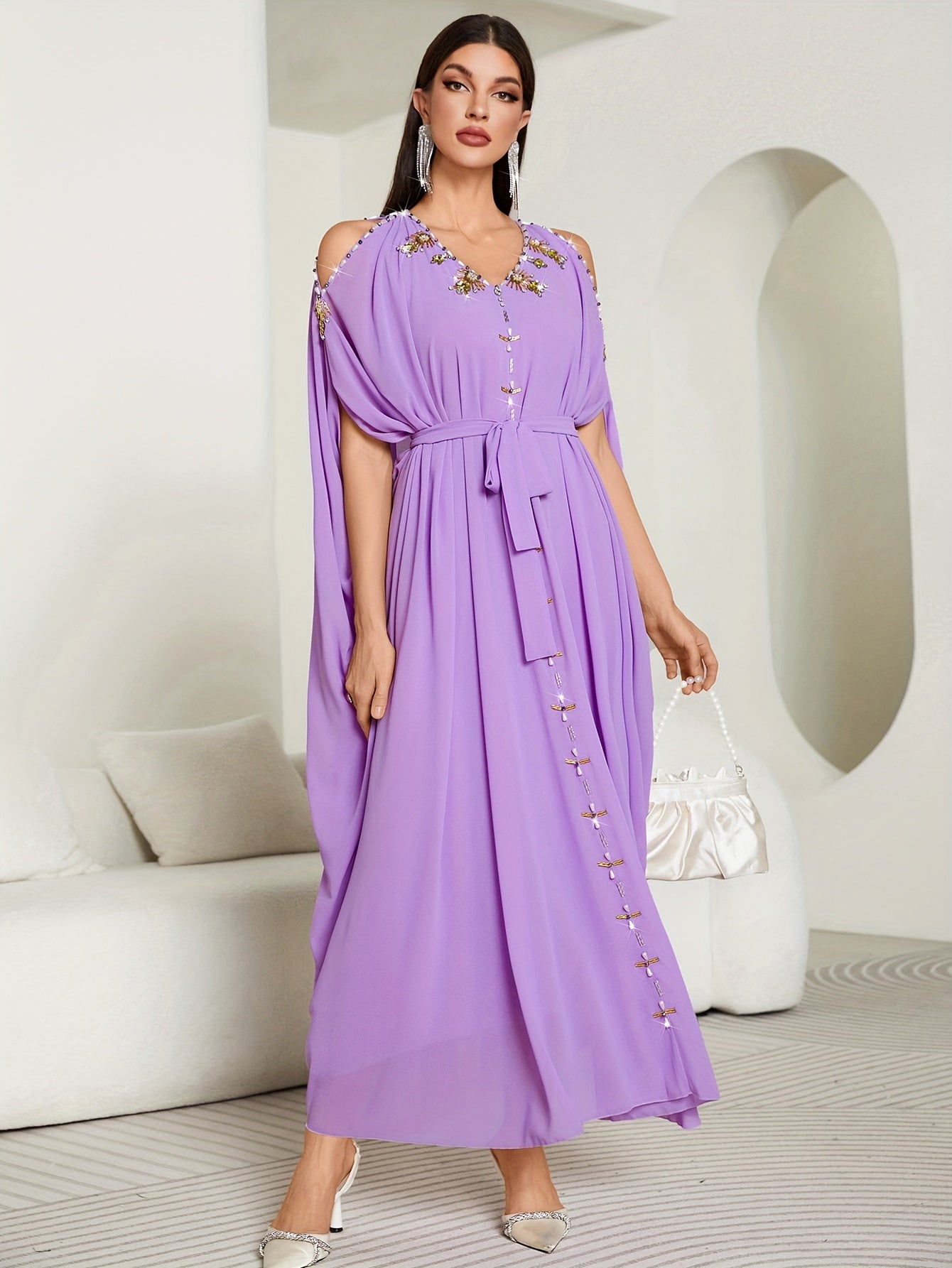 VougeVamp Elegant Off-Shoulder Maxi Dress with Handcrafted Pearl Embellishments and Flounce Sleeves