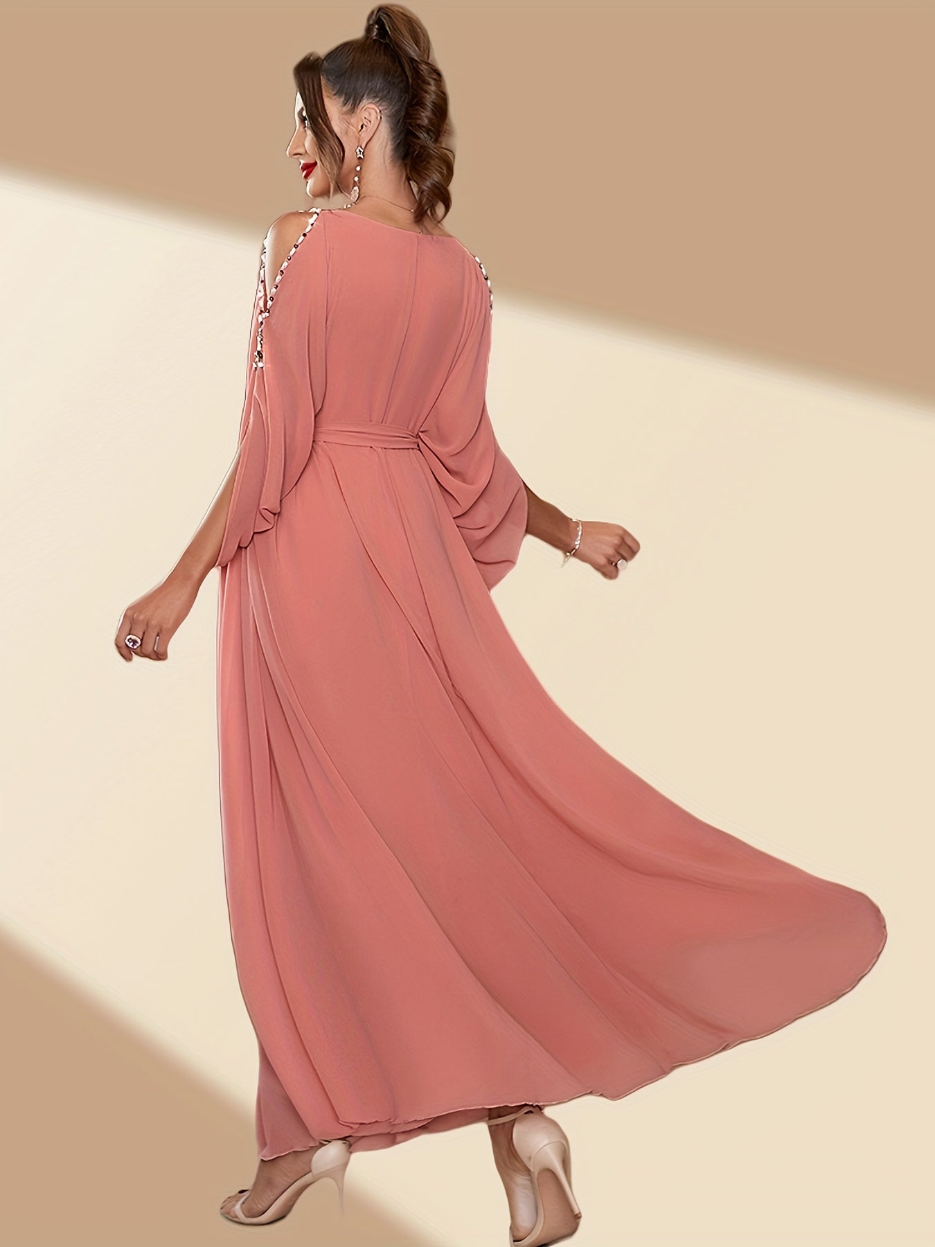 VougeVamp Elegant Off-Shoulder Maxi Dress with Handcrafted Pearl Embellishments and Flounce Sleeves