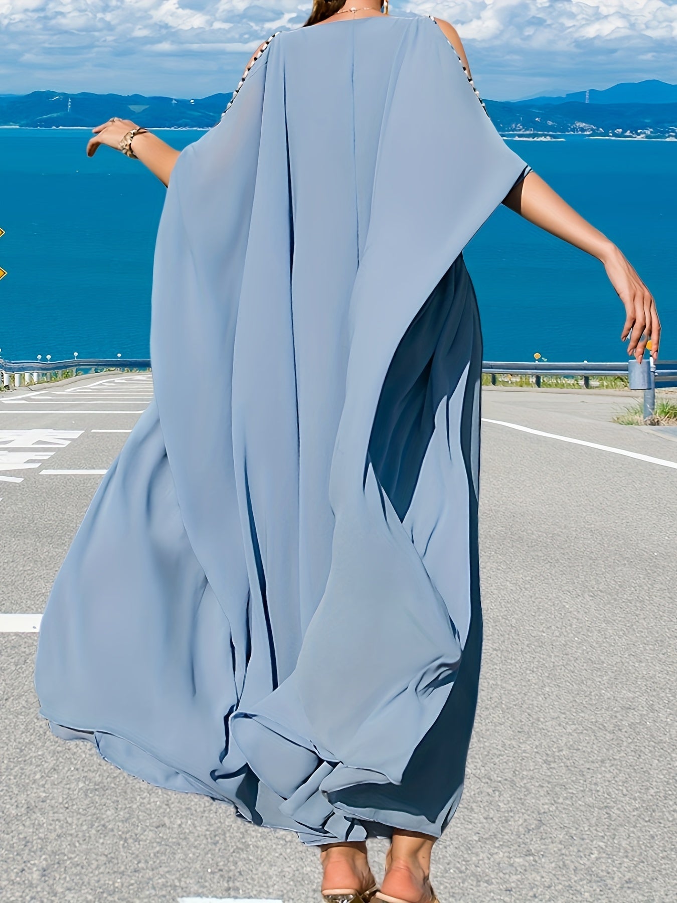 VougeVamp Elegant Off-Shoulder Maxi Dress with Handcrafted Pearl Embellishments and Flounce Sleeves