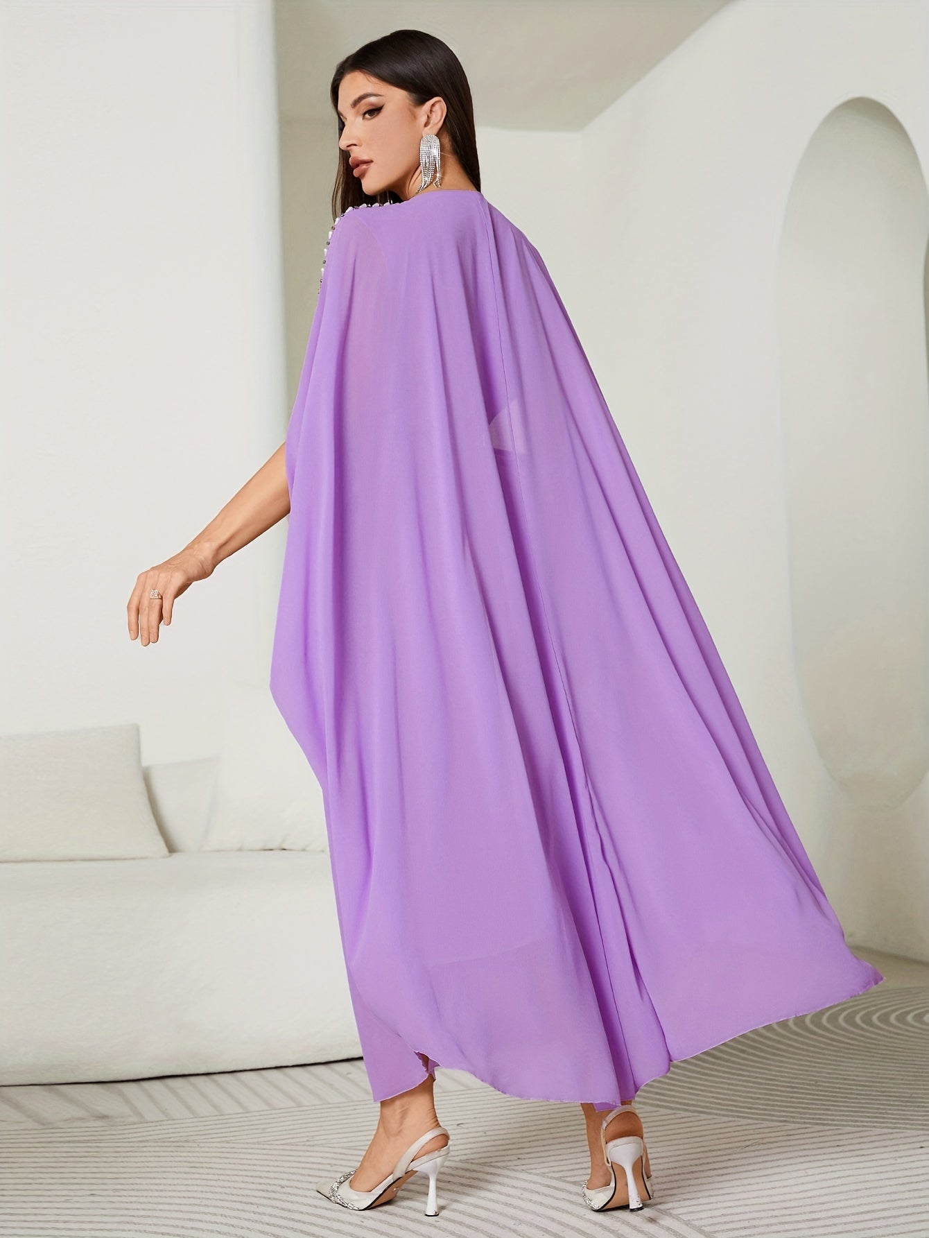 VougeVamp Elegant Off-Shoulder Maxi Dress with Handcrafted Pearl Embellishments and Flounce Sleeves