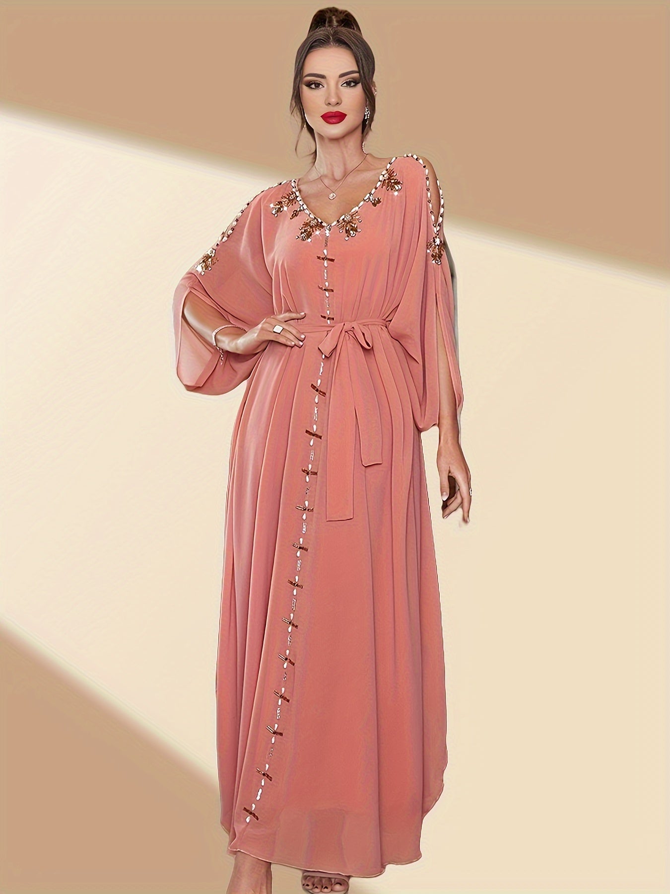 VougeVamp Elegant Off-Shoulder Maxi Dress with Handcrafted Pearl Embellishments and Flounce Sleeves