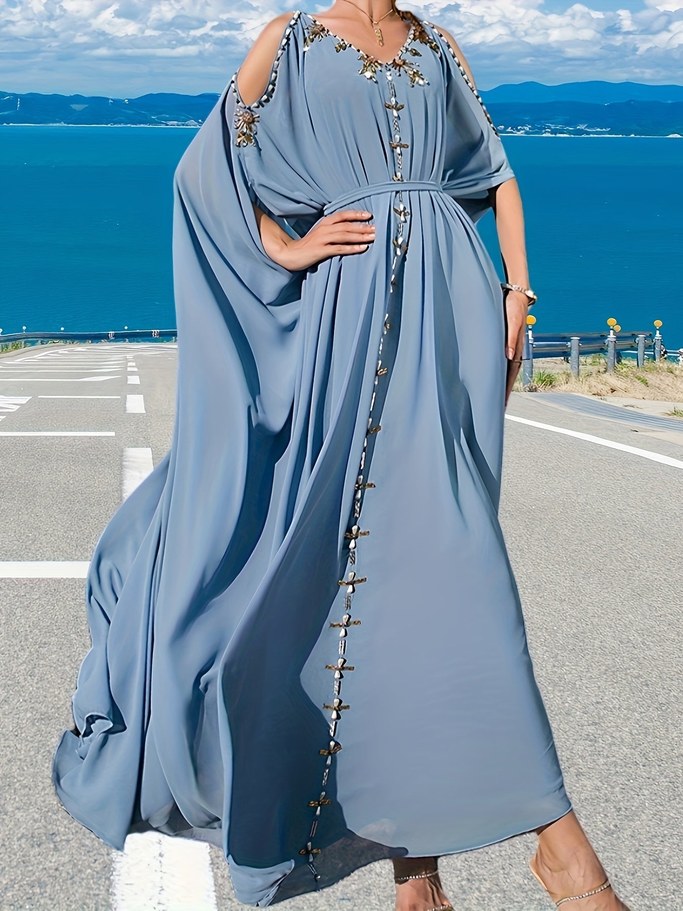 VougeVamp Elegant Off-Shoulder Maxi Dress with Handcrafted Pearl Embellishments and Flounce Sleeves
