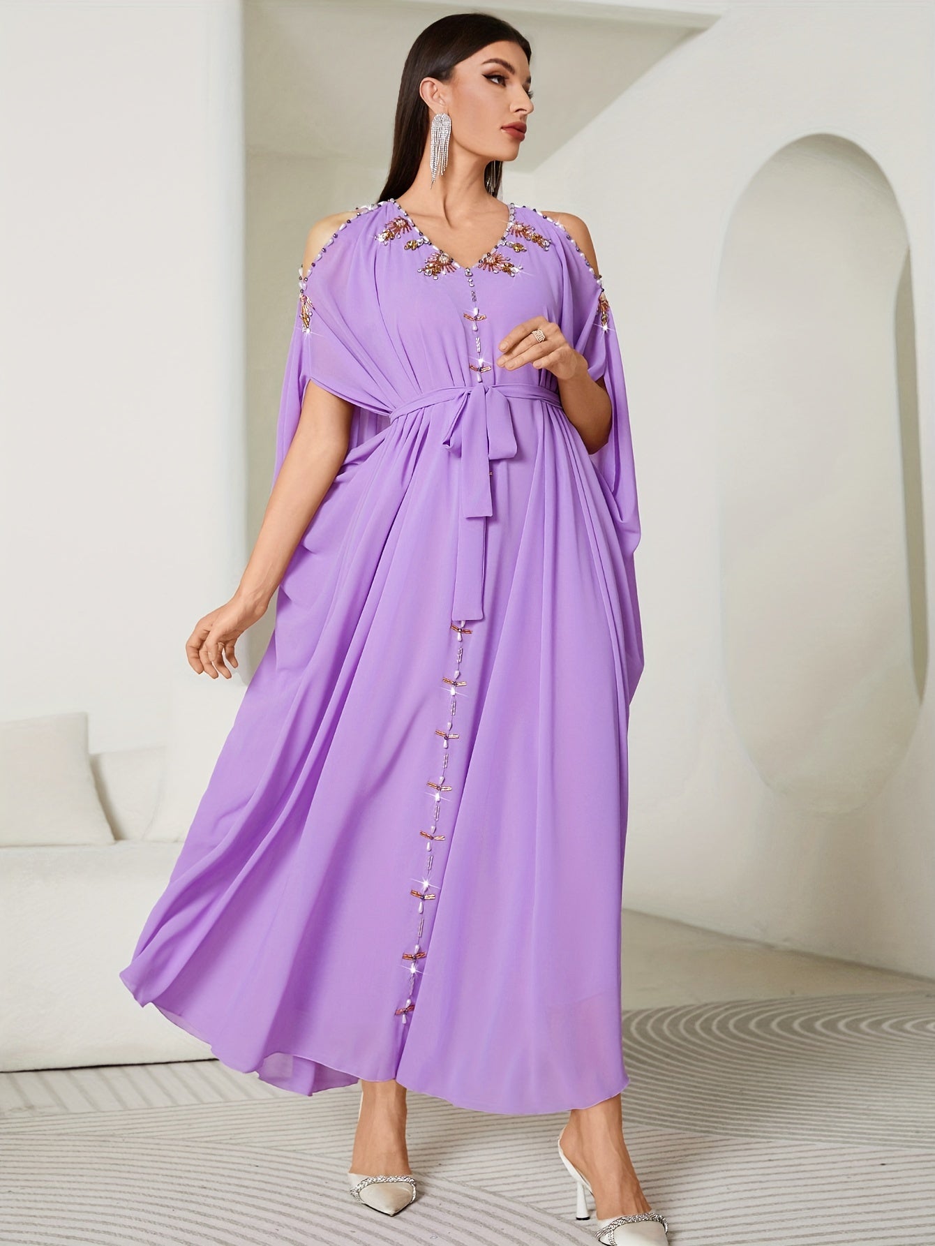 VougeVamp Elegant Off-Shoulder Maxi Dress with Handcrafted Pearl Embellishments and Flounce Sleeves