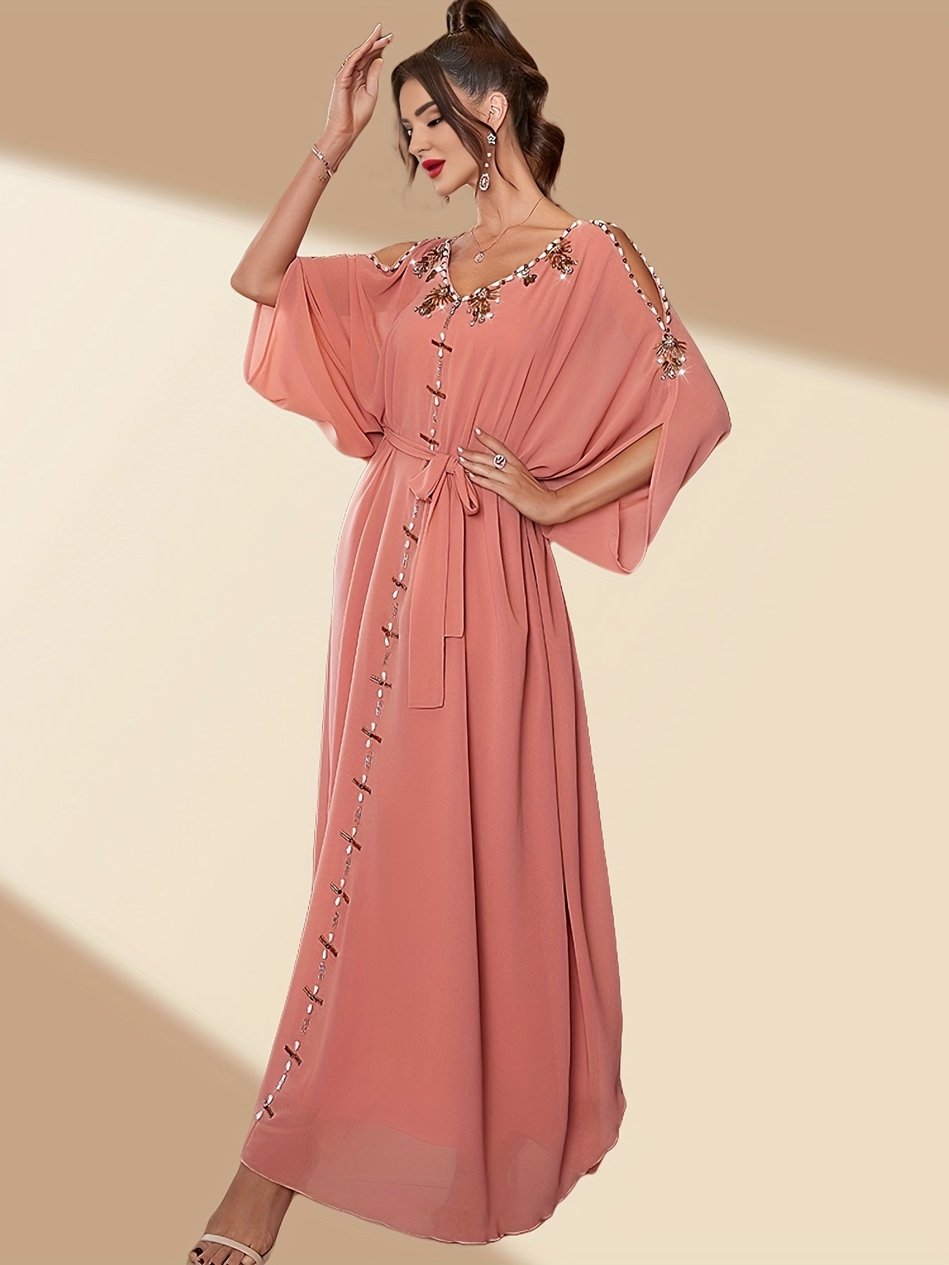 VougeVamp Elegant Off-Shoulder Maxi Dress with Handcrafted Pearl Embellishments and Flounce Sleeves