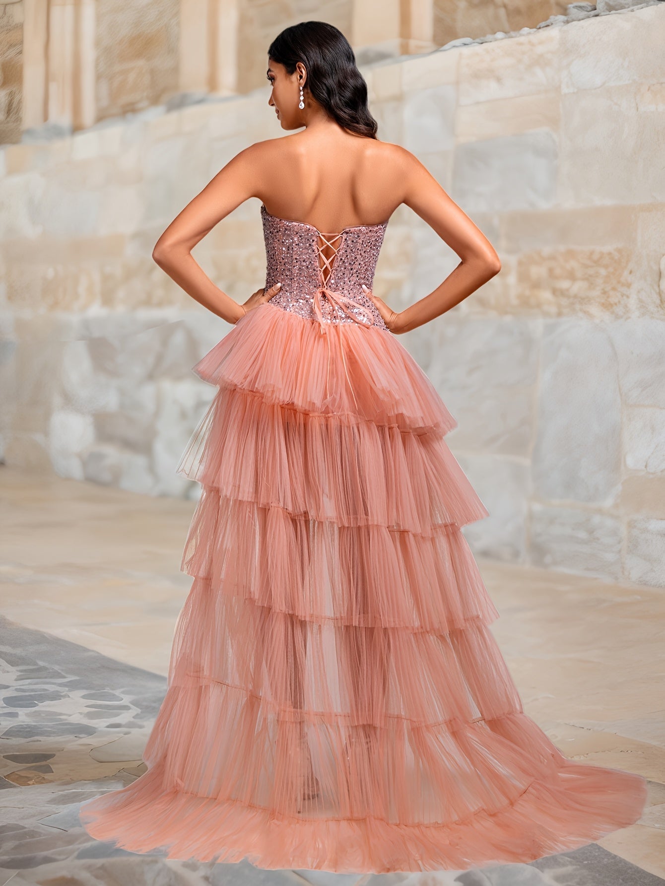 VougeVamp Dazzling Sequined Strapless Evening Gown with Pleated Cake Skirt and Train