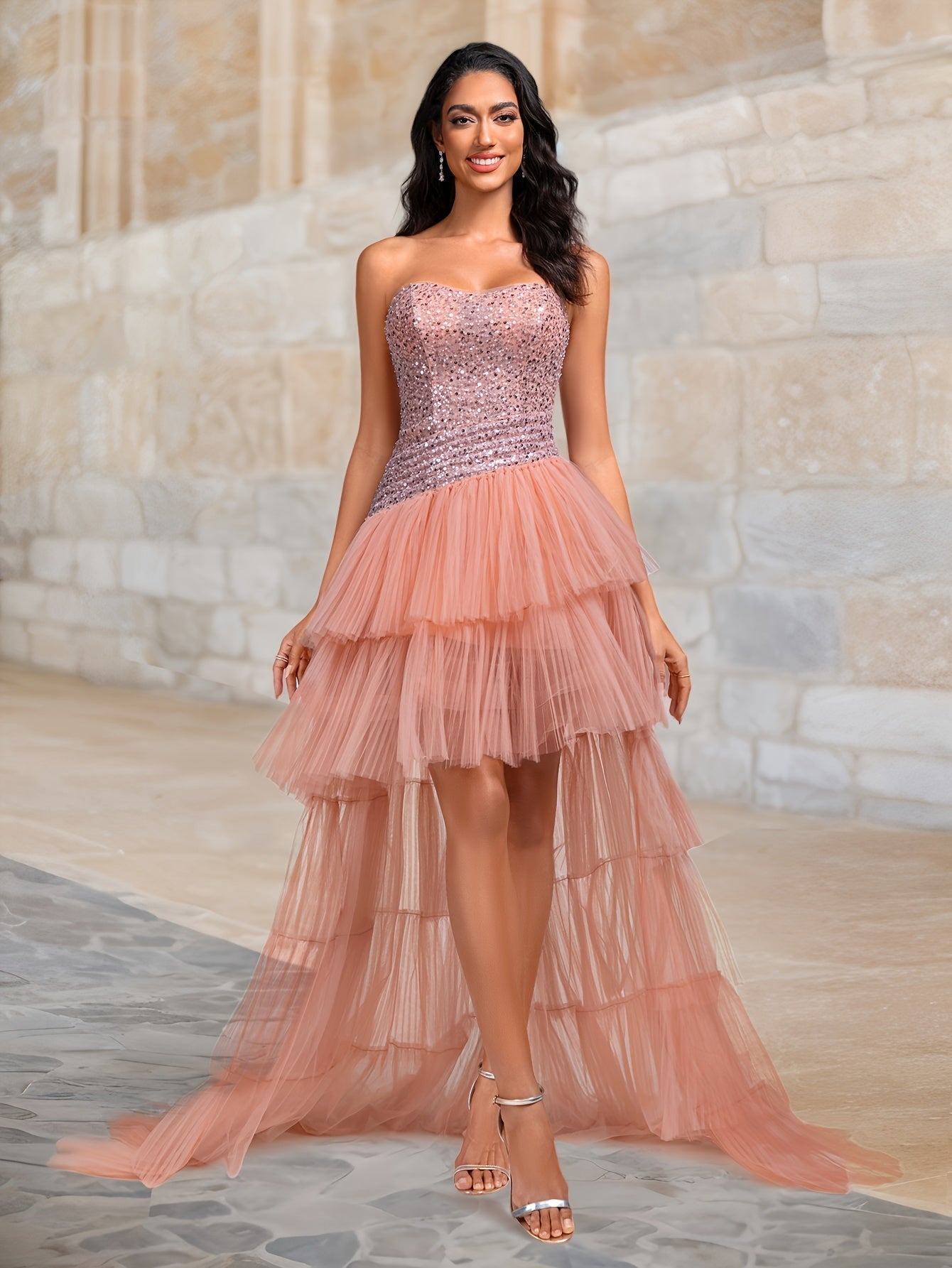 VougeVamp Dazzling Sequined Strapless Evening Gown with Pleated Cake Skirt and Train