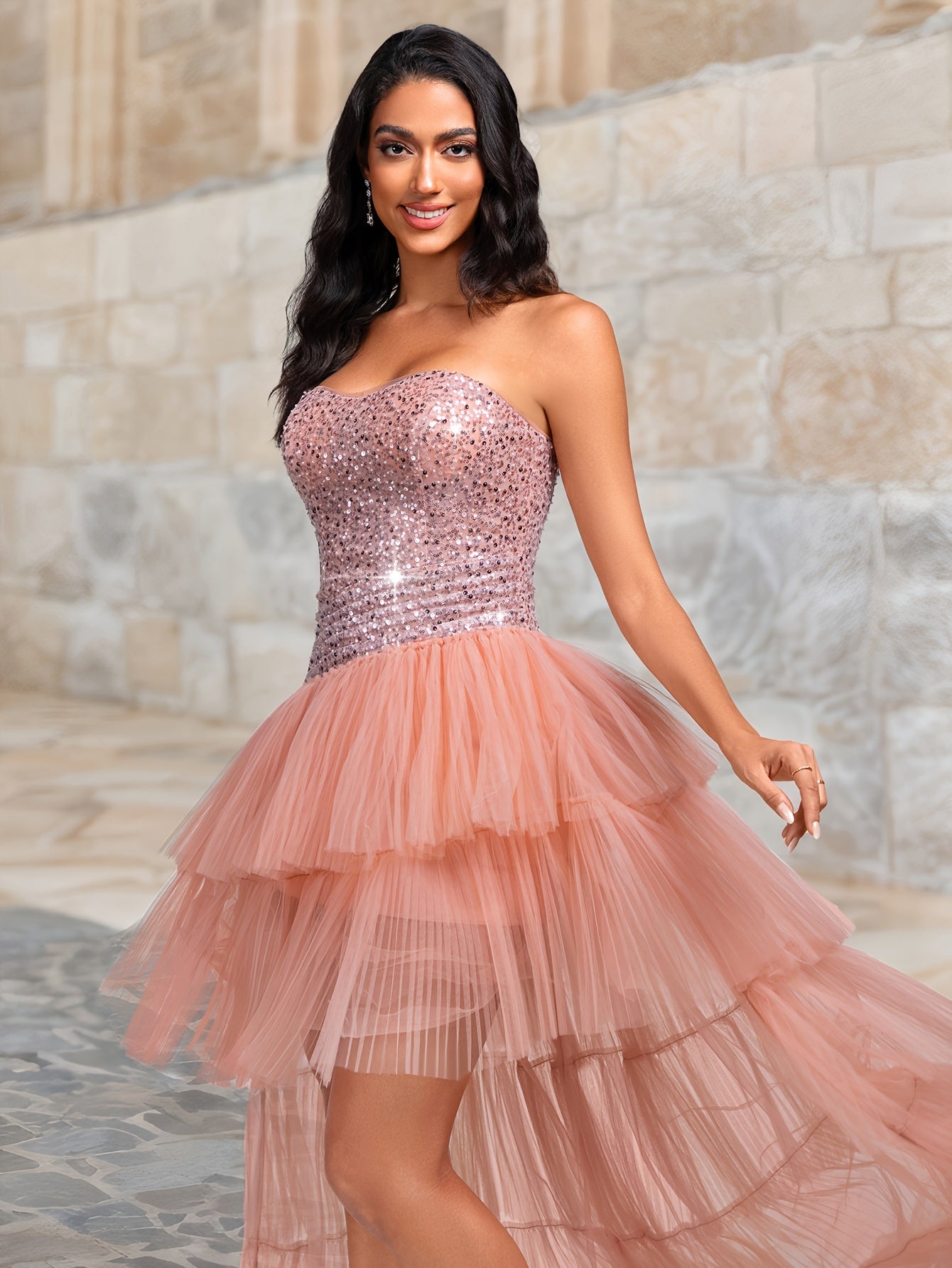 VougeVamp Dazzling Sequined Strapless Evening Gown with Pleated Cake Skirt and Train