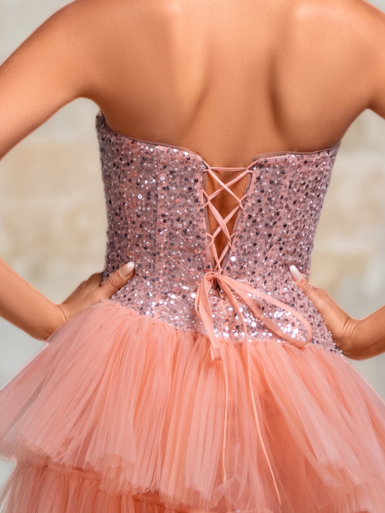 VougeVamp Dazzling Sequined Strapless Evening Gown with Pleated Cake Skirt and Train