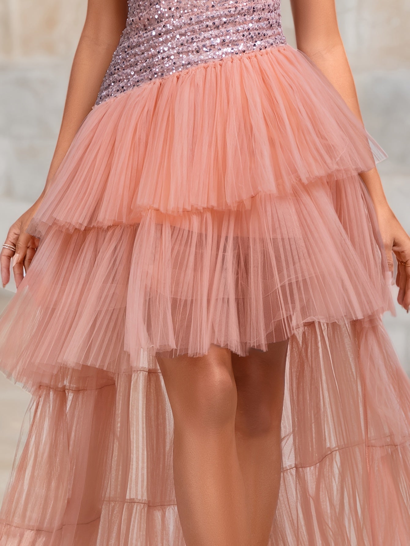 VougeVamp Dazzling Sequined Strapless Evening Gown with Pleated Cake Skirt and Train