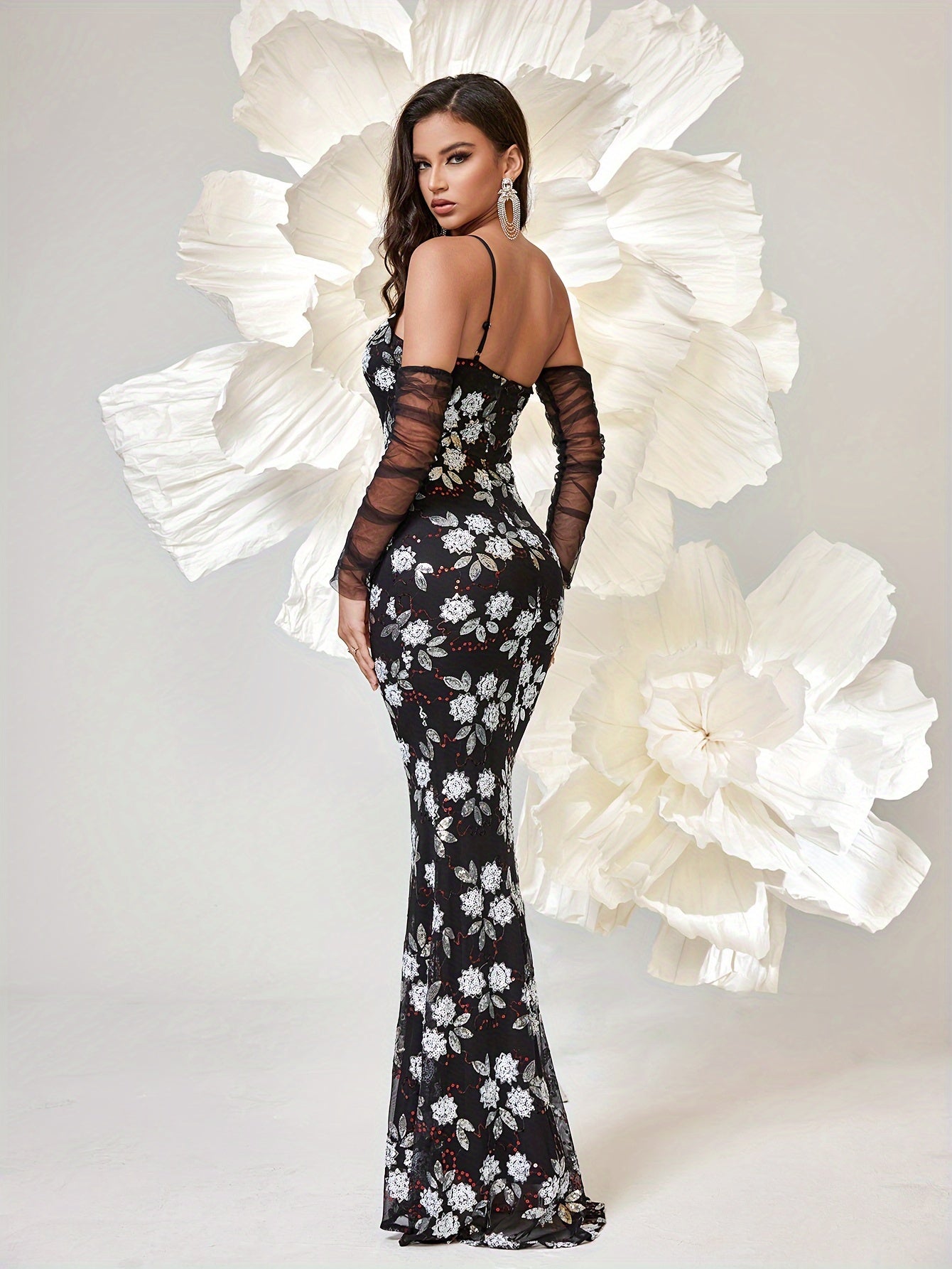 VougeVamp One-Shoulder Sequin Bodycon Dress – Elegant Long Sleeve Floor-Length Gown for Parties & Banquets