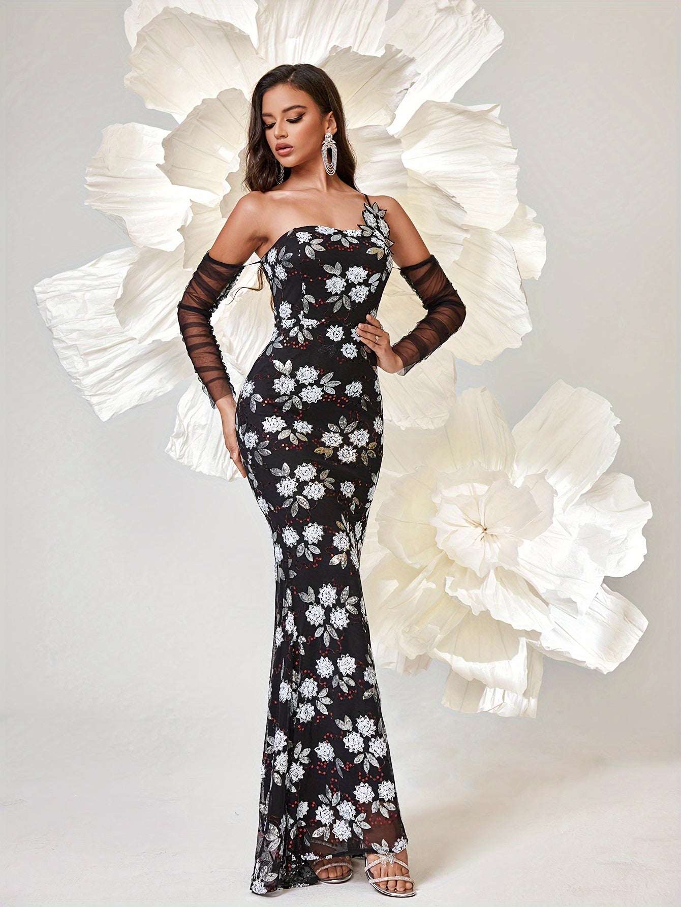 VougeVamp One-Shoulder Sequin Bodycon Dress – Elegant Long Sleeve Floor-Length Gown for Parties & Banquets