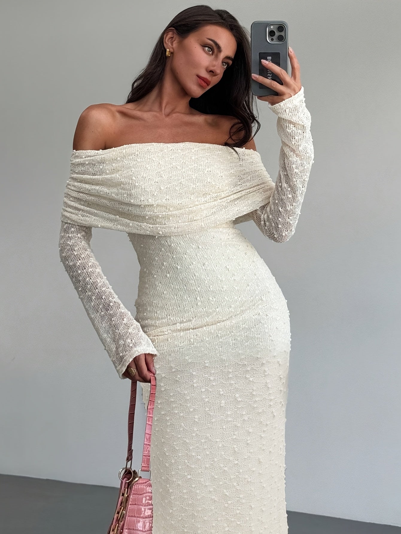 Elegant Off-Shoulder Lace Bodycon Dress – Stretchy Knit Fabric, All-Season Party & Prom Wear