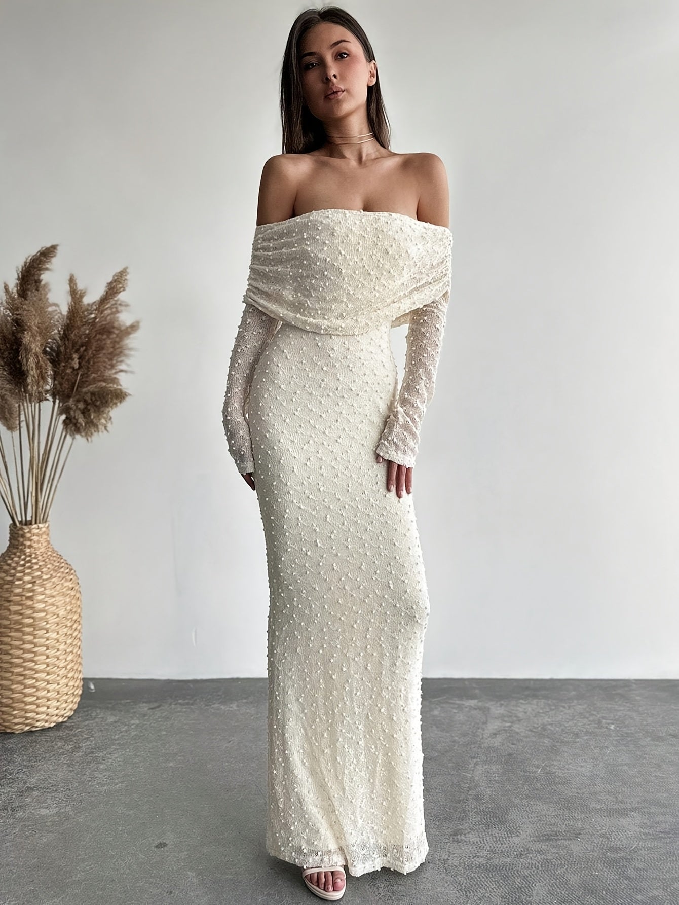 Elegant Off-Shoulder Lace Bodycon Dress – Stretchy Knit Fabric, All-Season Party & Prom Wear