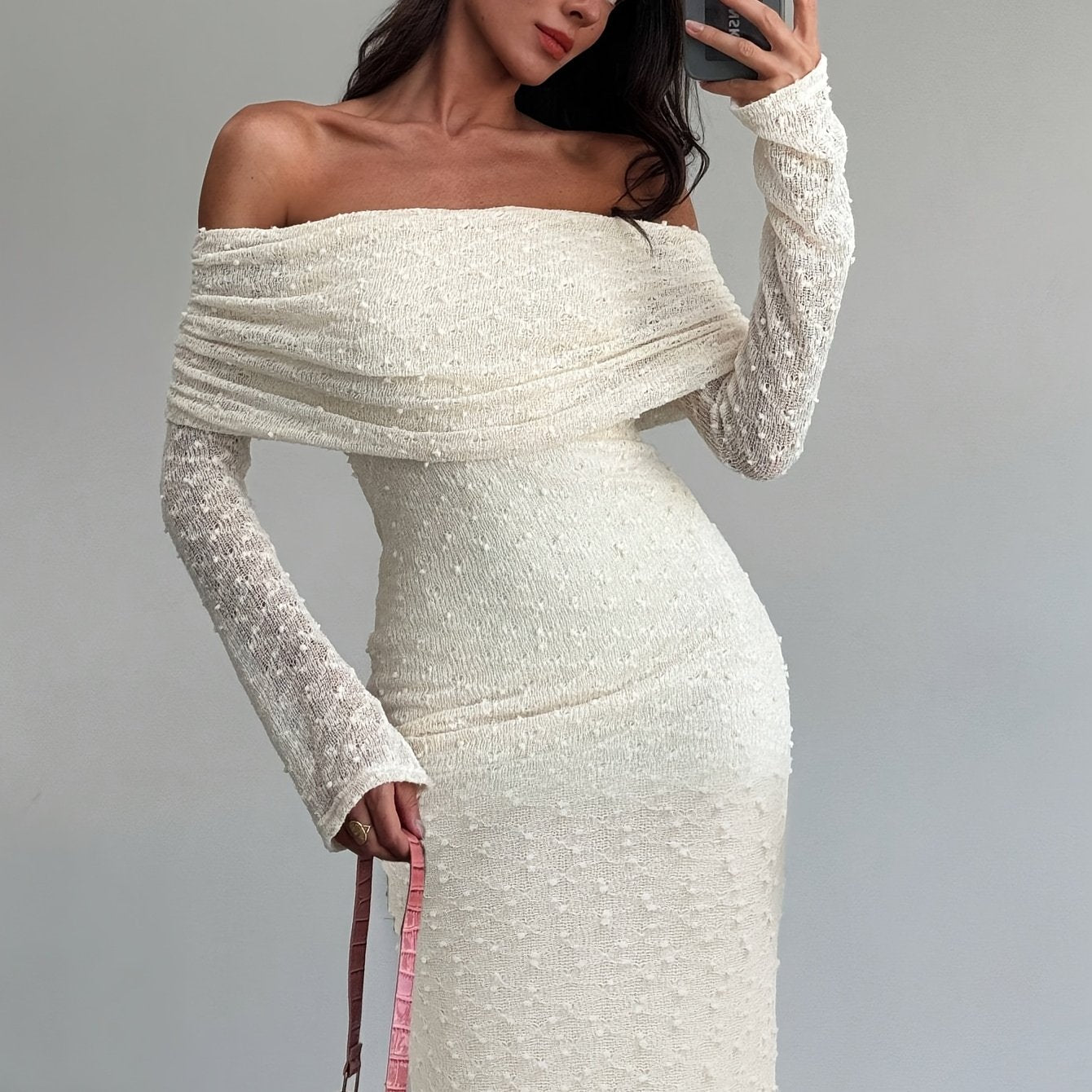 Elegant Off-Shoulder Lace Bodycon Dress – Stretchy Knit Fabric, All-Season Party & Prom Wear