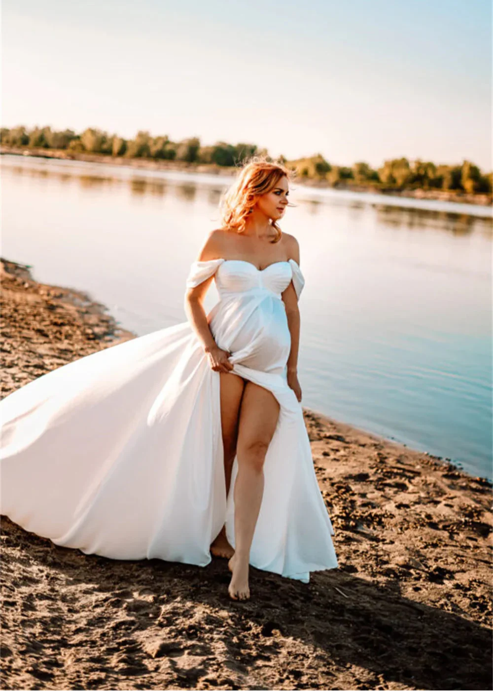 VougeVamp White Satin Maternity Gown - Off-Shoulder Floor-Length Evening Dress with Royal Train