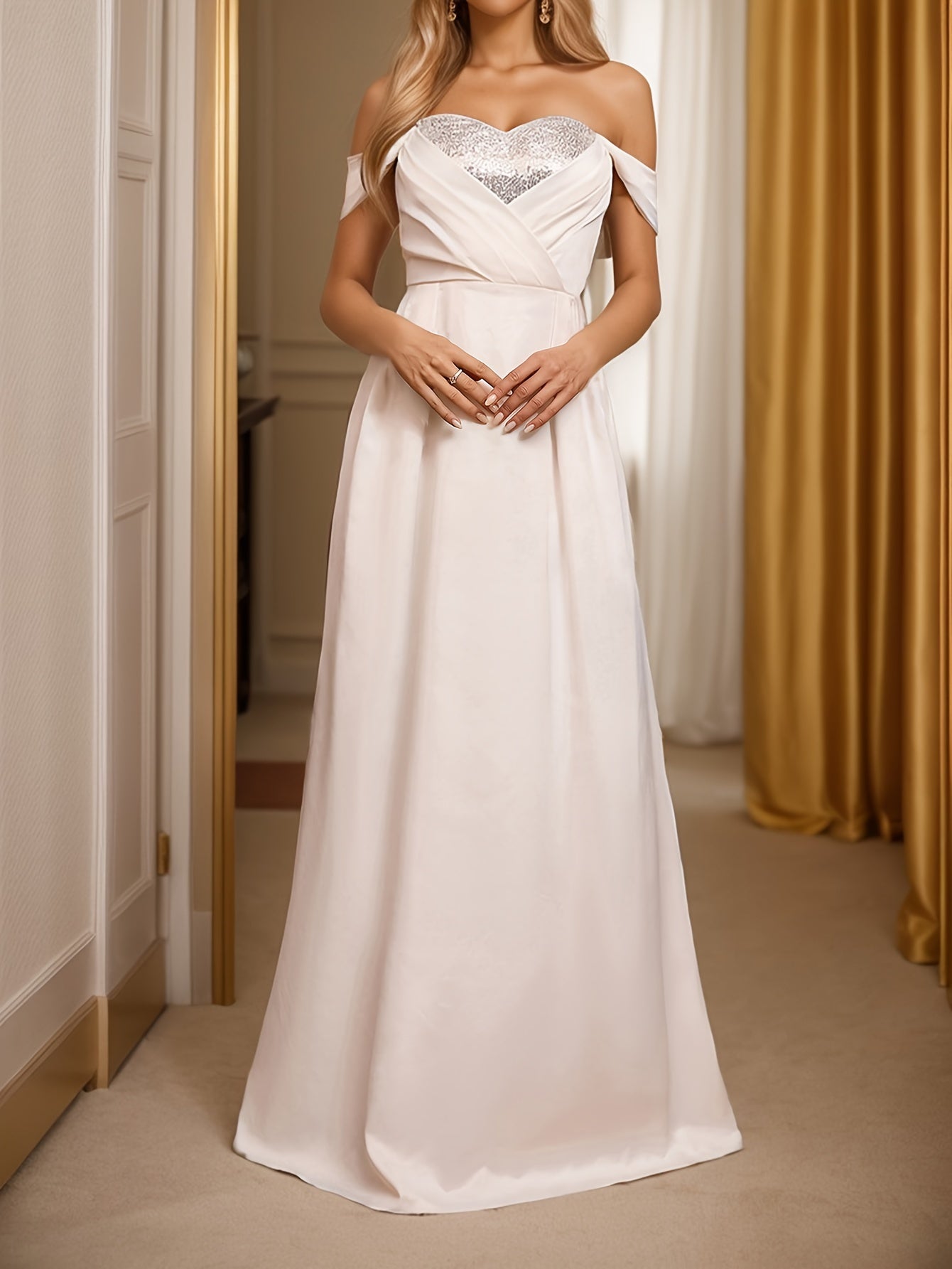 Elegant Off-Shoulder Sequin A-Line Dress – Sparkling All-Season Glamour - VougeVampUK