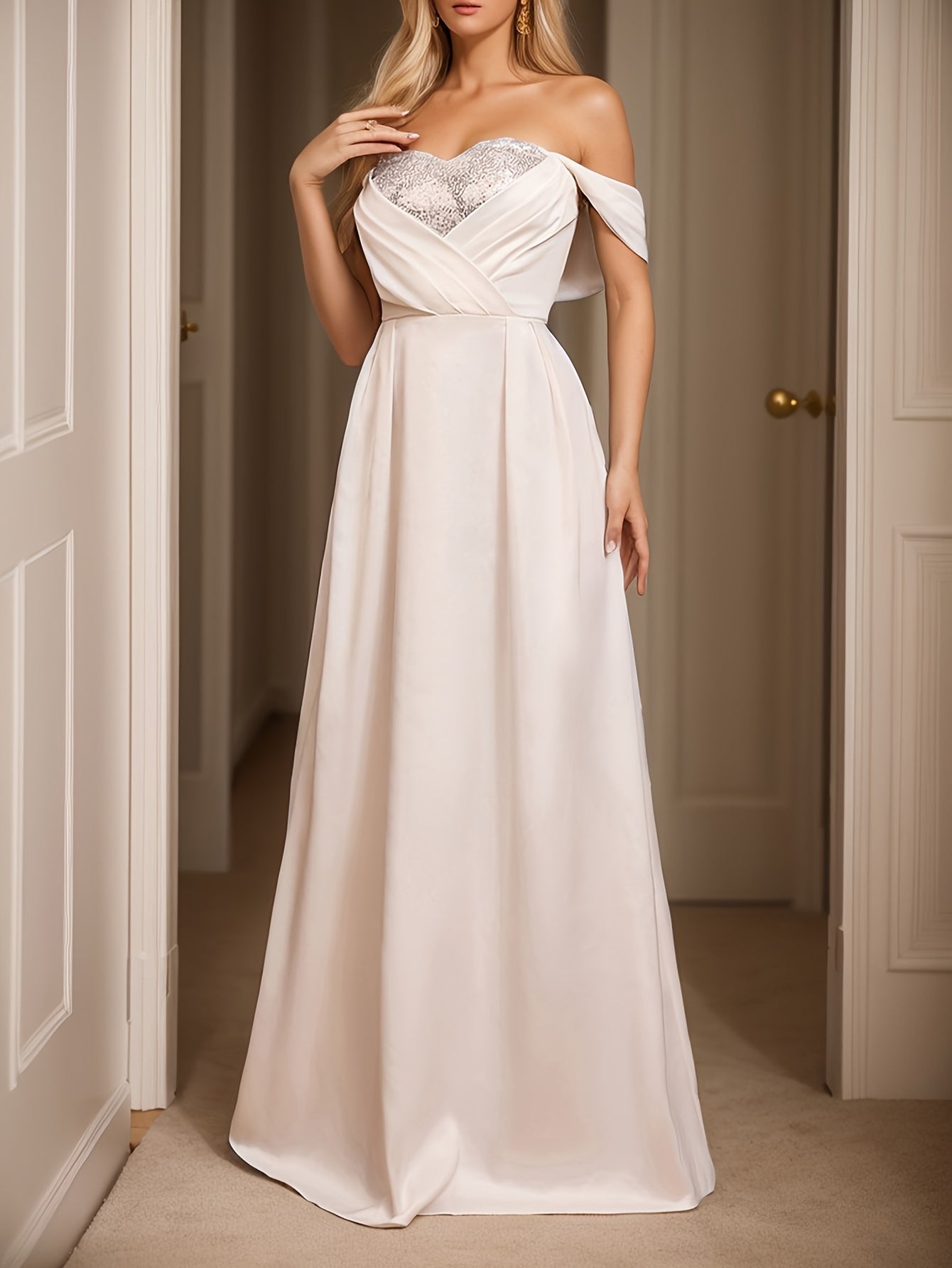 Elegant Off-Shoulder Sequin A-Line Dress – Sparkling All-Season Glamour - VougeVampUK