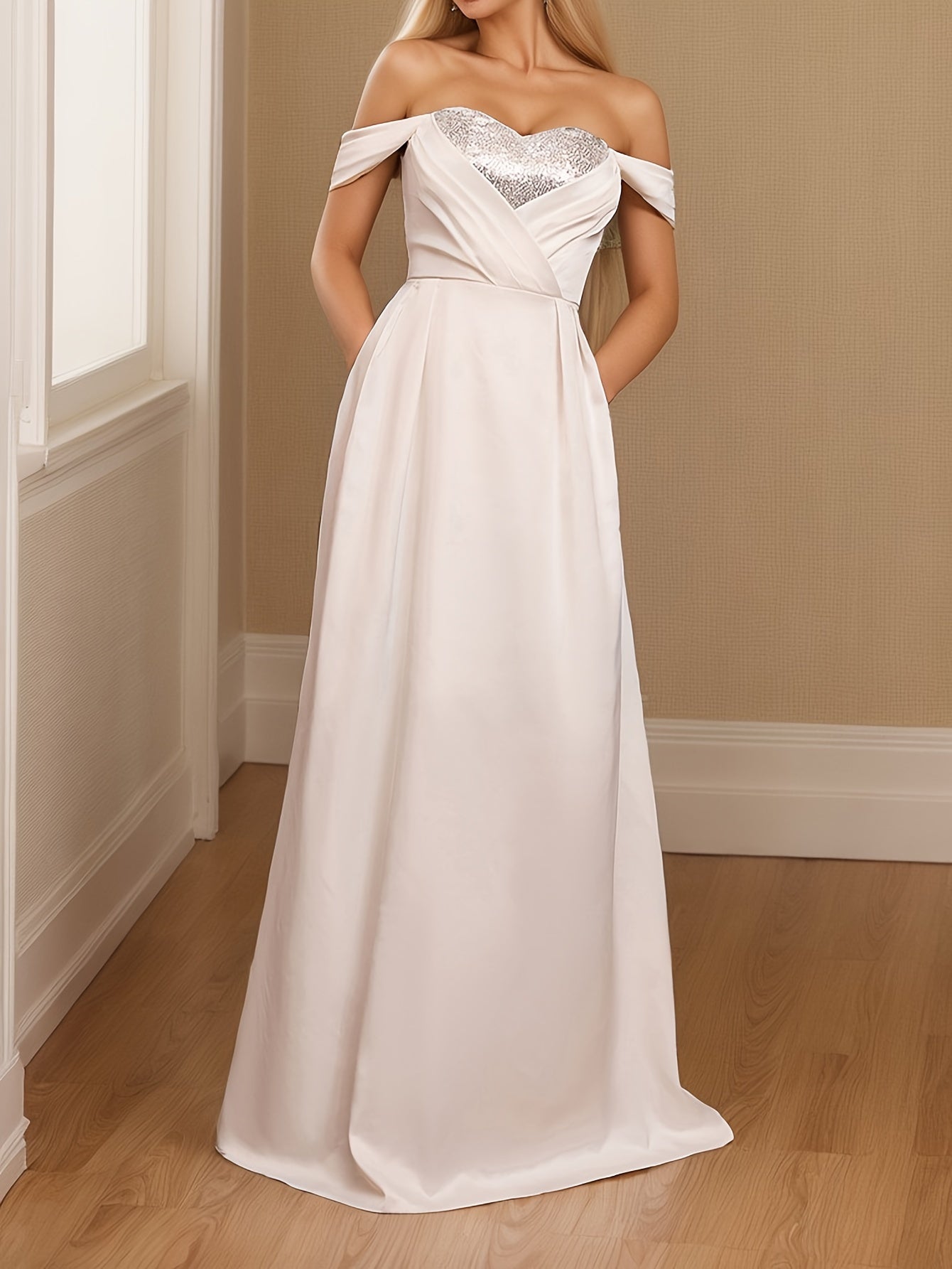 Elegant Off-Shoulder Sequin A-Line Dress – Sparkling All-Season Glamour - VougeVampUK