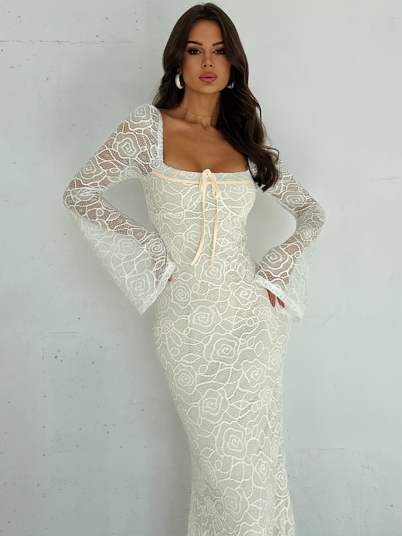 Elegant Long Semi-Transparent Dress with Square Neckline – Chic & Flowy Design