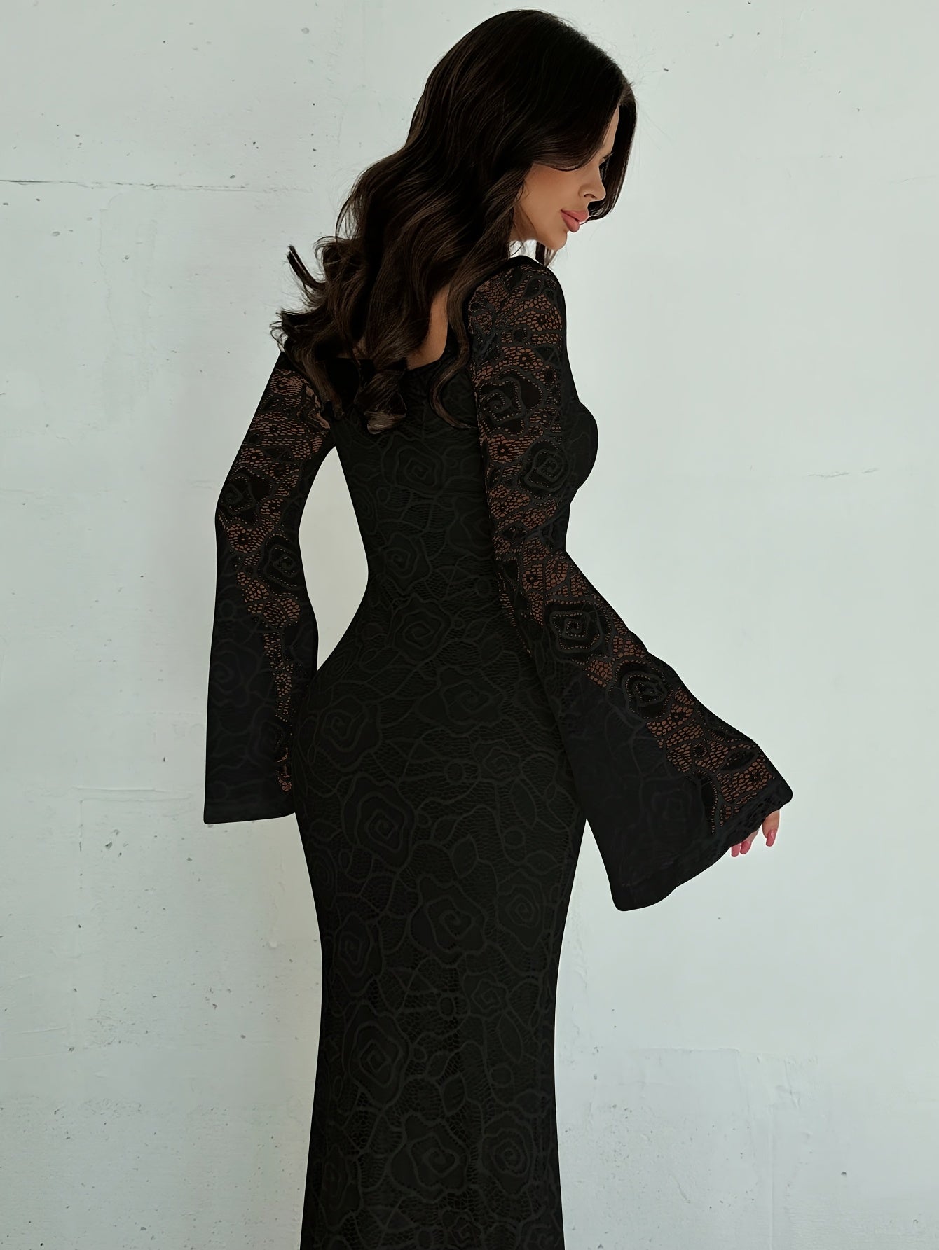 Elegant Long Semi-Transparent Dress with Square Neckline – Chic & Flowy Design